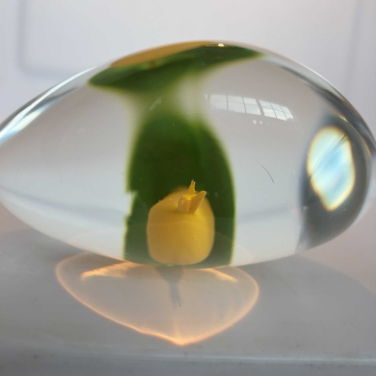 Vintage Beranek Czech Glass Paperweight with Yellow Calla Lily 5″H