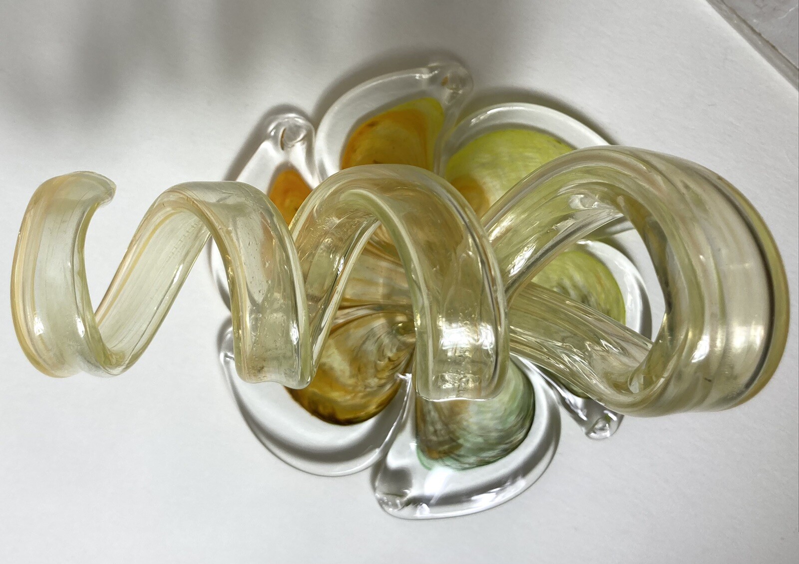 Art Glass FLOWER WITH SWIRLED STEM Clear Orange Yellow Green 4.5 Inches Tall
