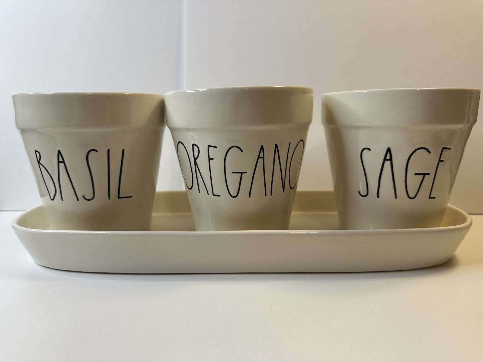 NWOT Rae Dunn Artisan Collection Ceramic Herb Planters w/Tray BASIL OREGANO SAGE