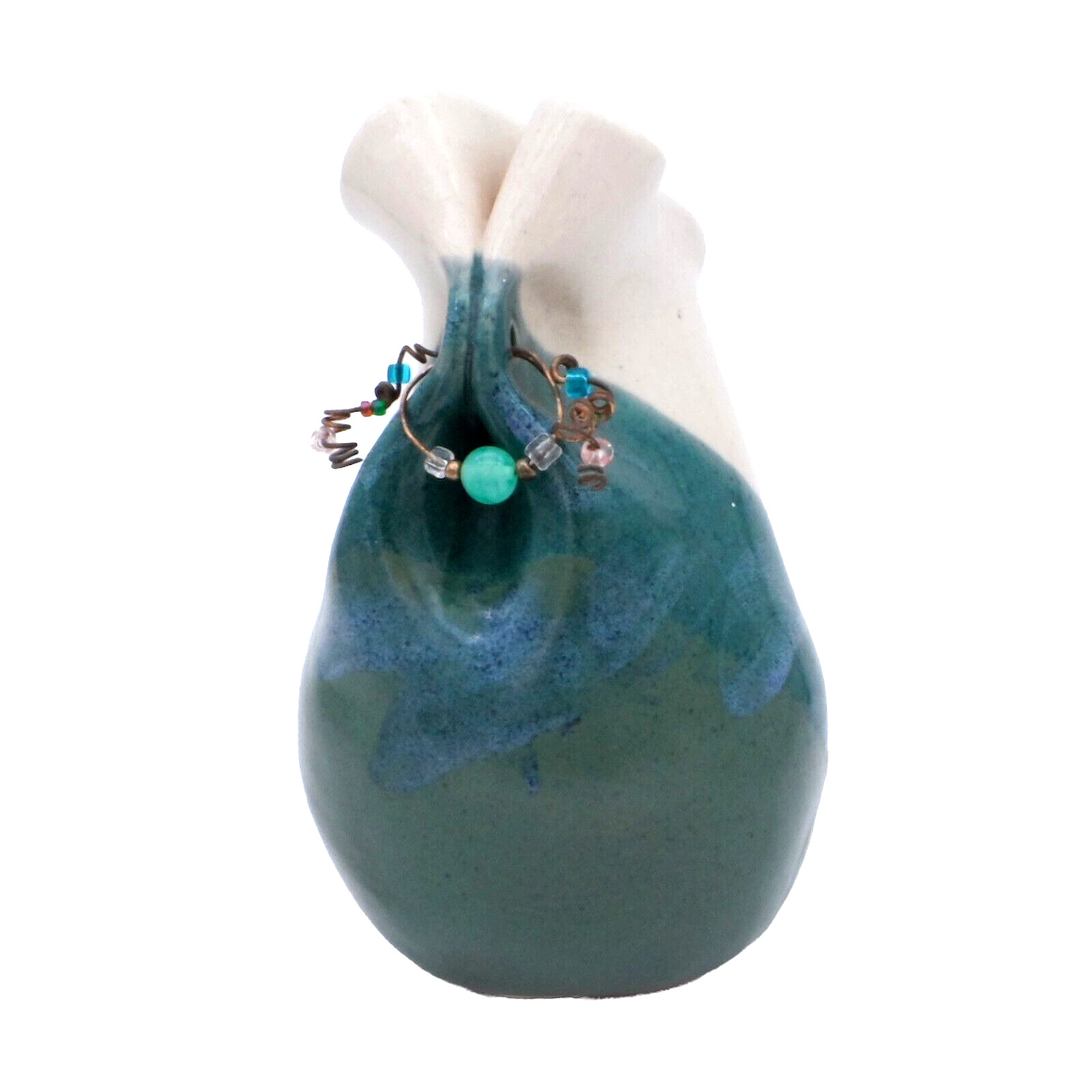 Slab Clay Art Pottery Vase with Charm Cream Aqua Green 5.5 in Tall