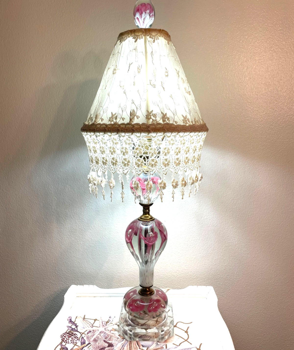 Vtg St. Clair Pink Art Glass Paperweight Lamp w/Shade, Finial EXCELLENT