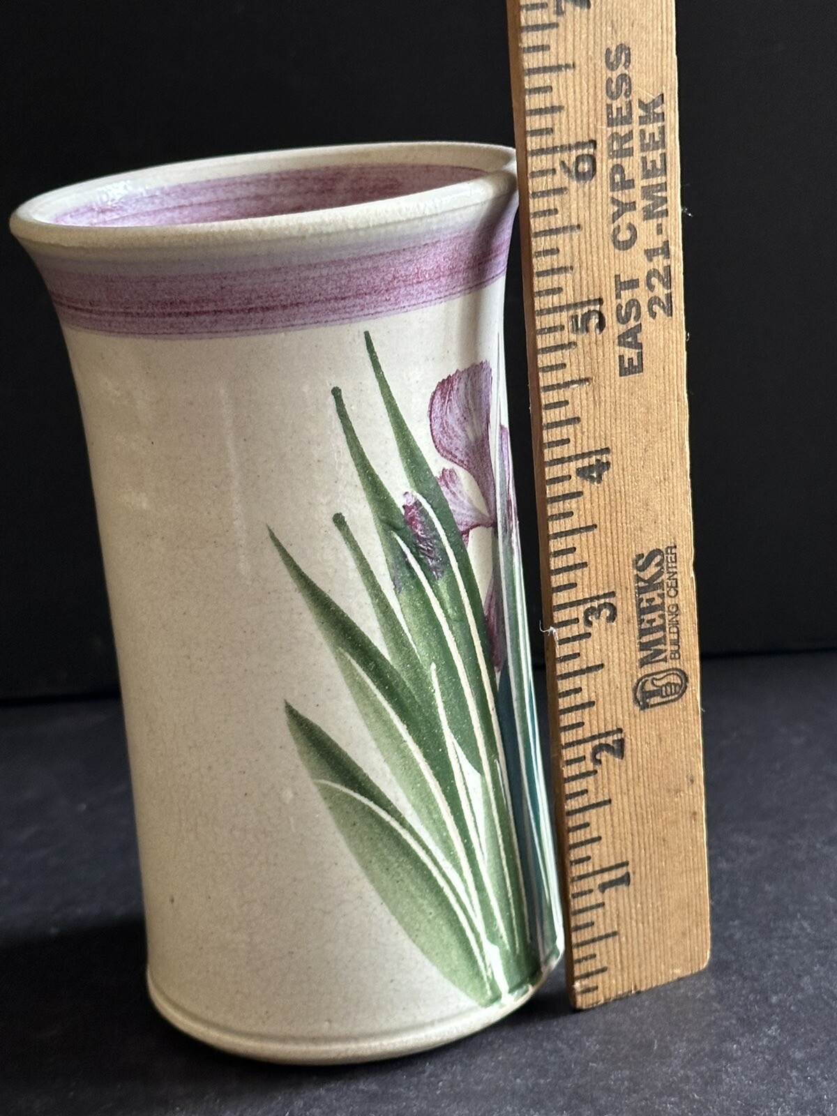 Studio Art Hand Thrown Pottery Vase Iris Hand Painted Artist Signed 6” USA