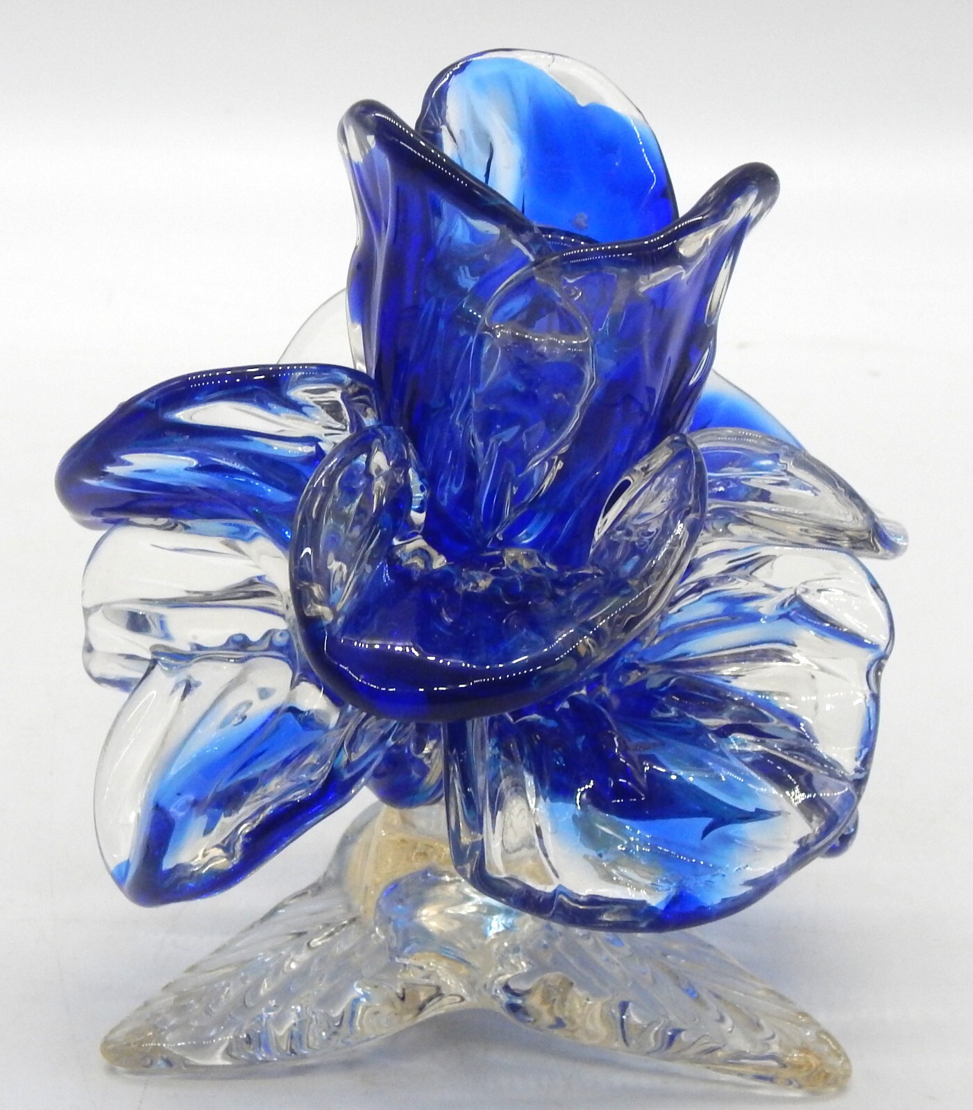 VTG Icet Murano Style Art Glass Blue Clear Flower Petal Candle Holder Venezuela