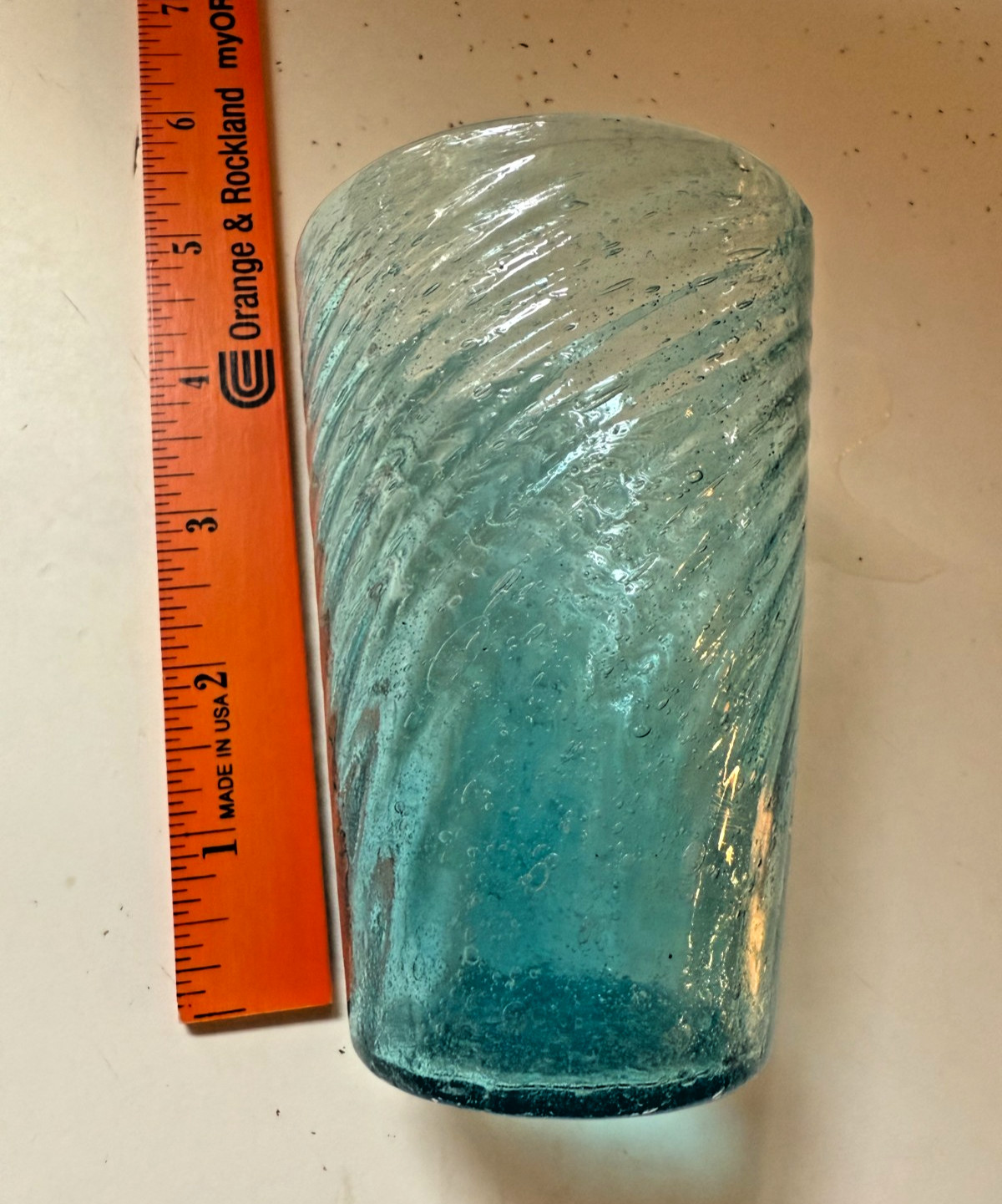 Hand Blown Turquoise Blue Swirl Optical Rib Art Glass Vase 4.5 inches – small