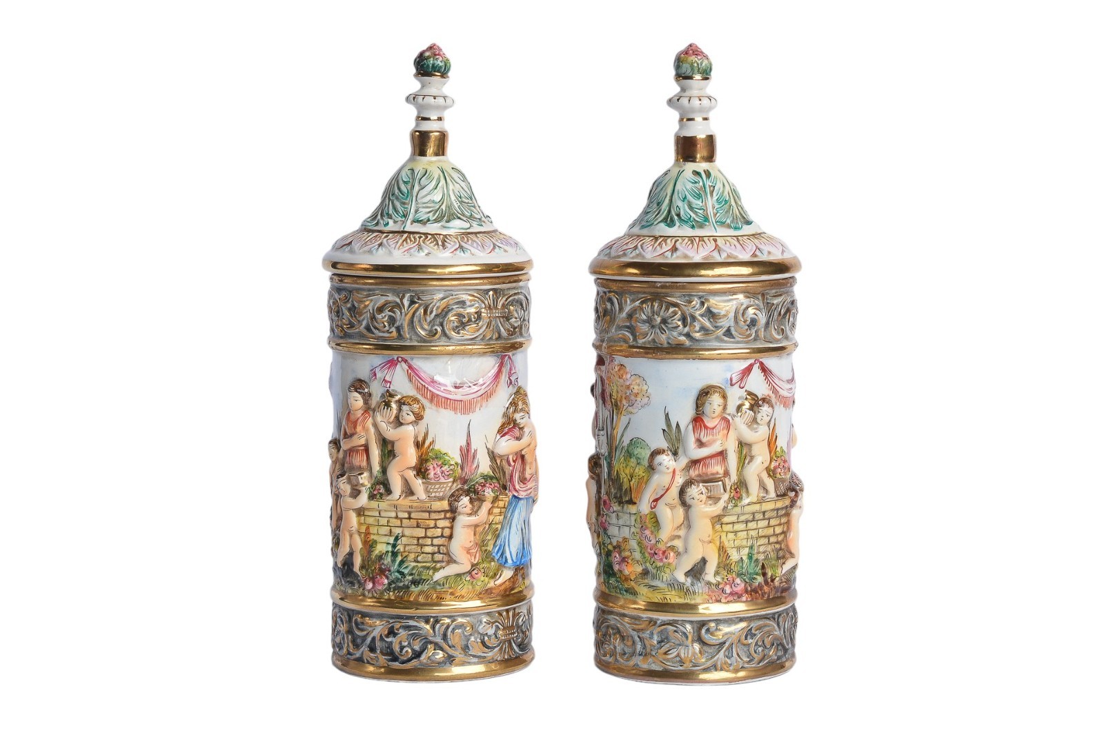 Pair Antique Capodimonte Hand Painted Porcelain Lidded Cherub Urns Italy