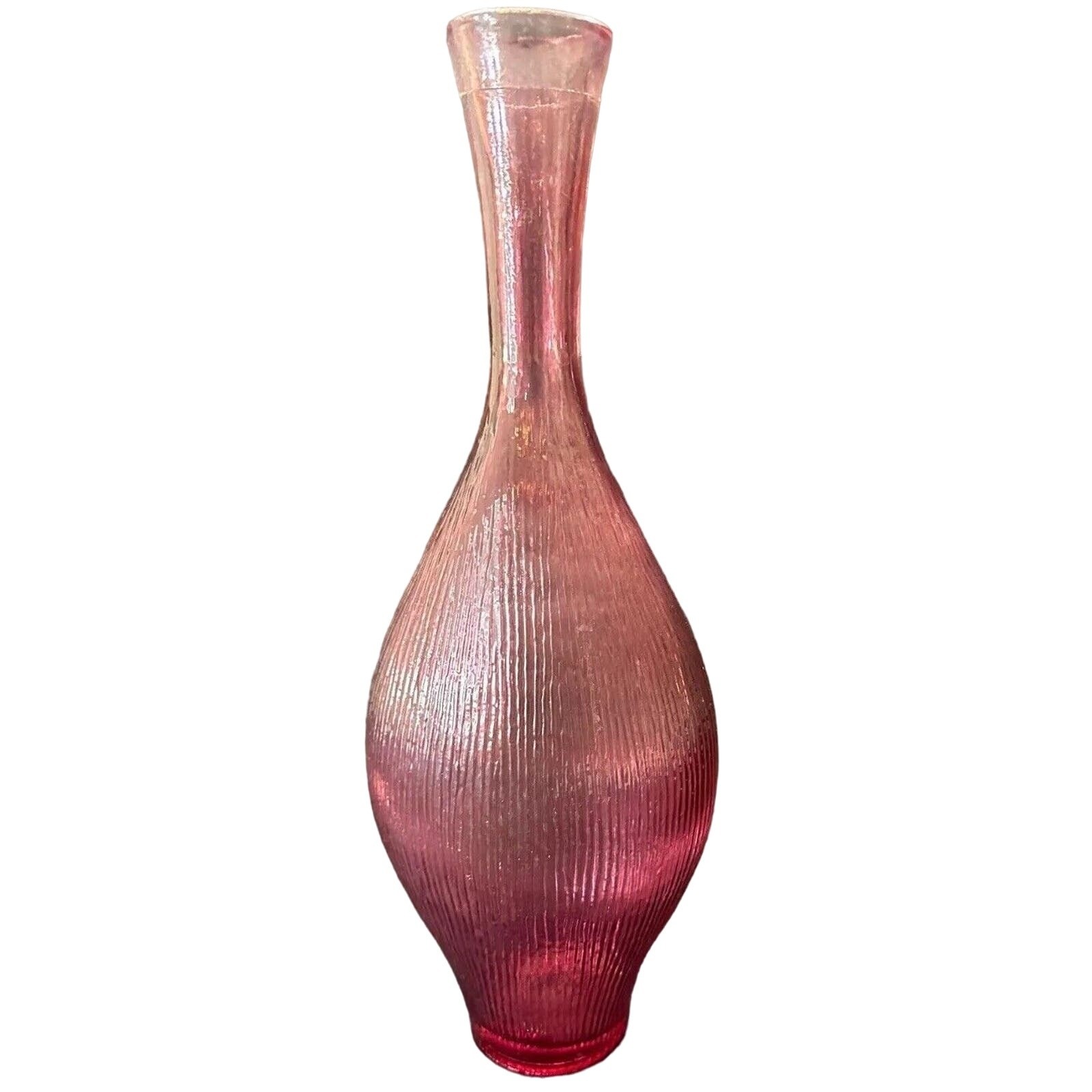 Eastern Art Glass Clear Pink Vase Raised Line Pattern Gooseneck Vase 15.75″