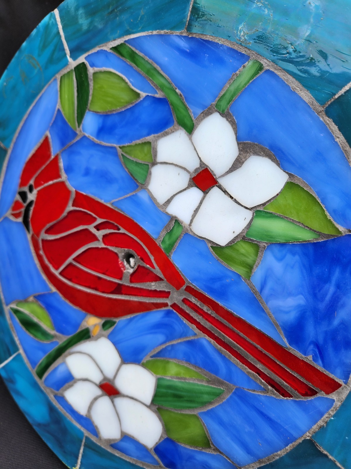 Vtg Handmade Stained Glass Red Cardinal Bird 11″ Art Flowers Round Ceramic Lid