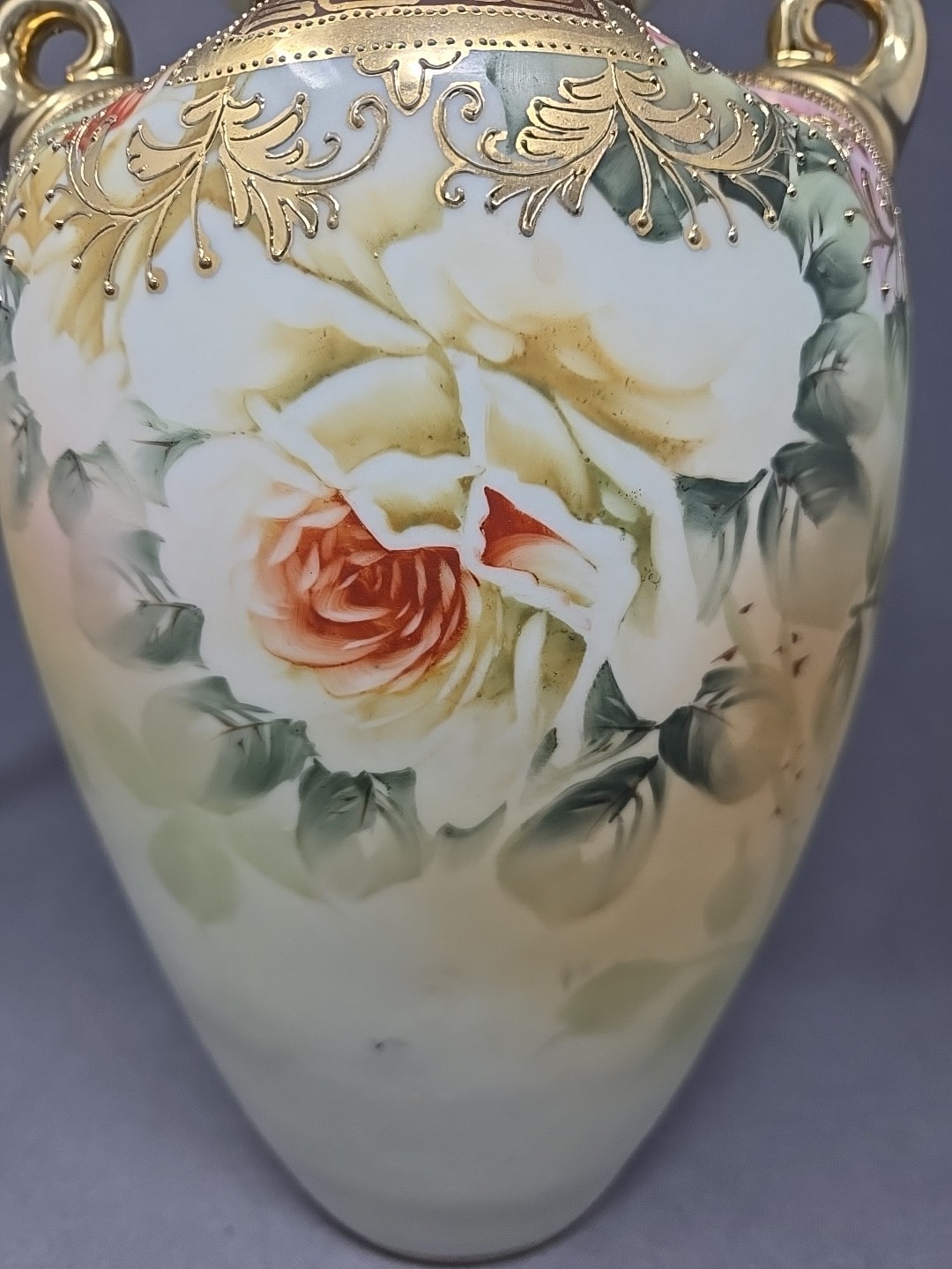 Antique Morimura Bros Handpainted Pink White Roses Raised Gold Vase 10 1/4″