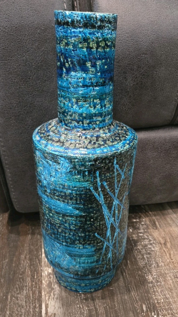 Huge RAYMOR BITOSSI ALDO LONDI Italy Rimini Blue Pottery Vase Cylinder 17″ Tall