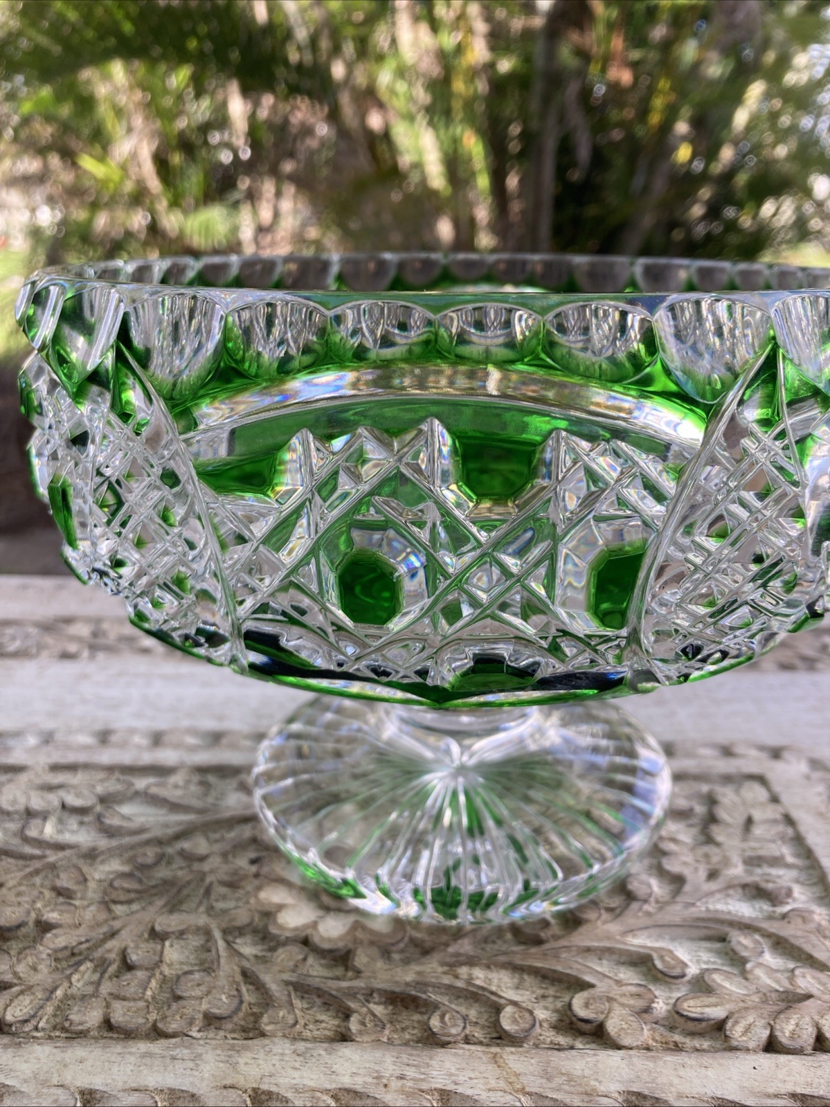 Vintage Czech Bohemian Emerald Crystal Cut to Clear Centerpiece Bowl Compote