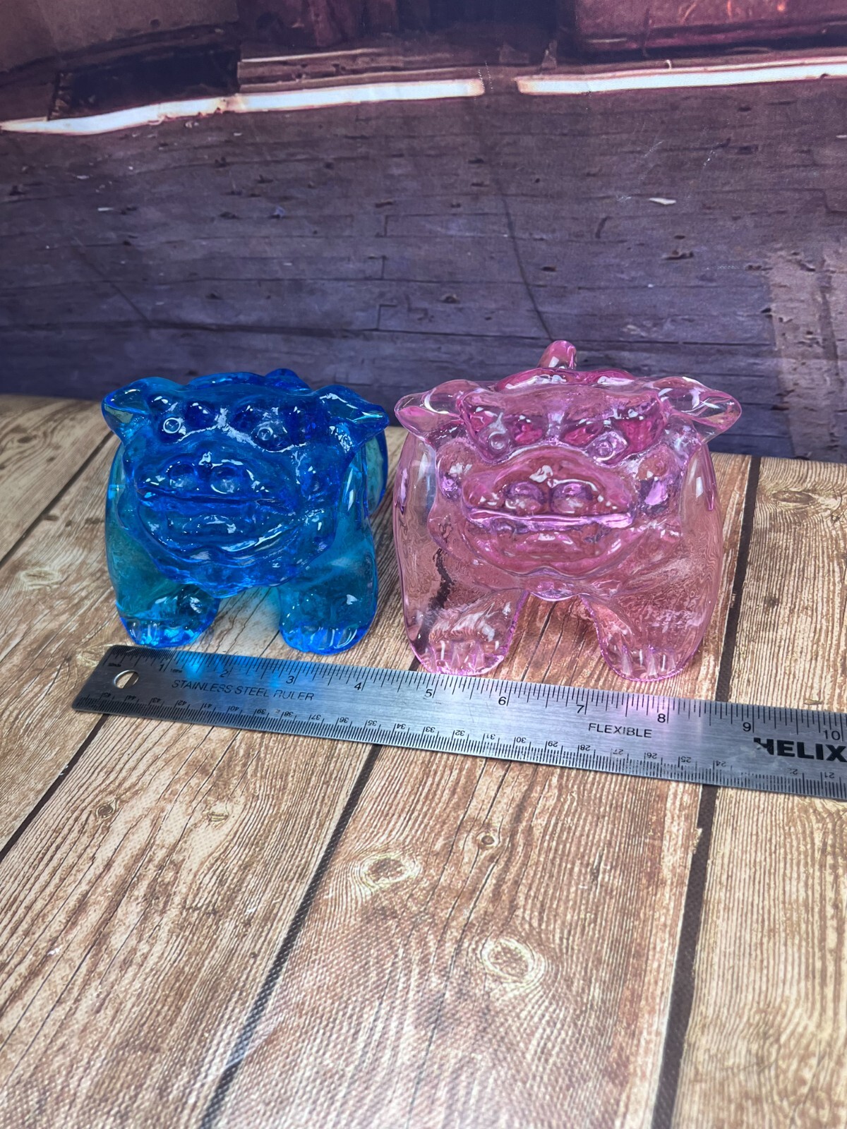 Blue and Pink Foo Dog Okinawa Art Glass Japan Decorative Collectible