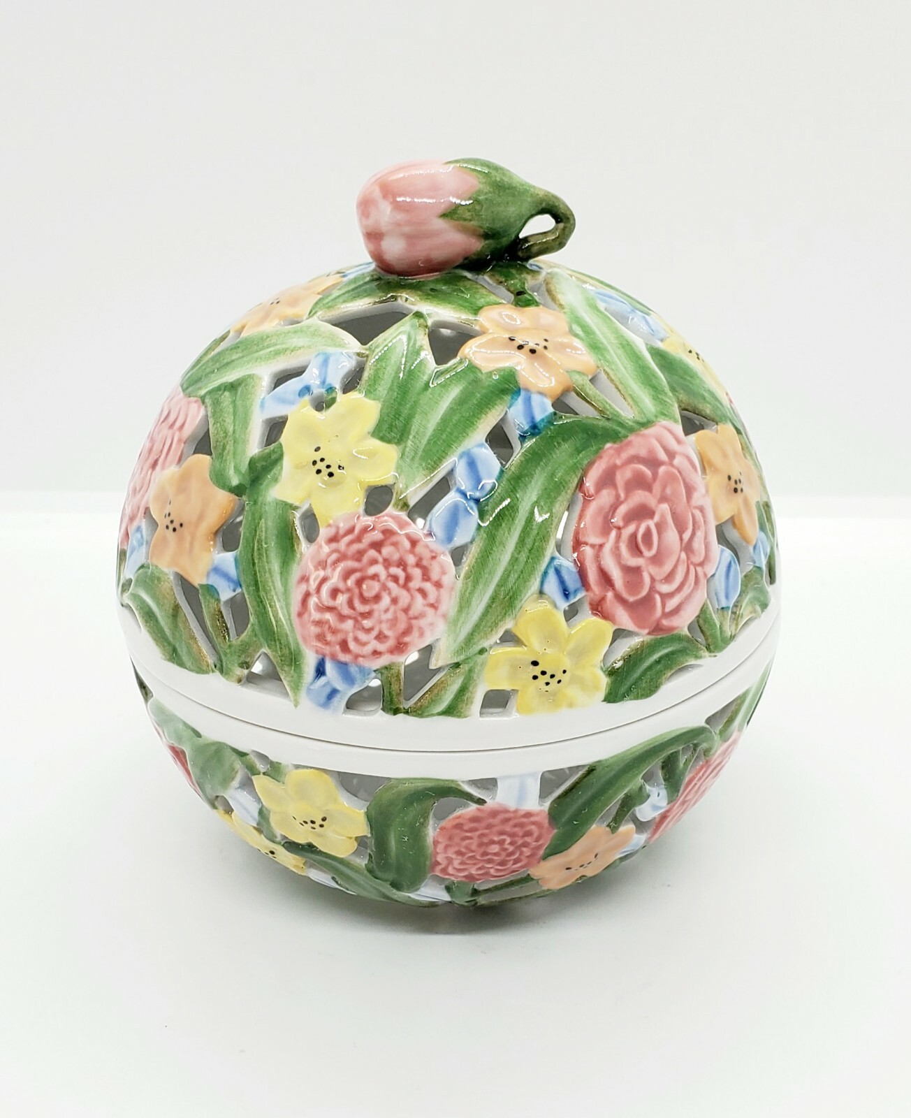 Andrea by Sadek Bonbonniere Candy Box Open Work Reticulated Floral Round VTG