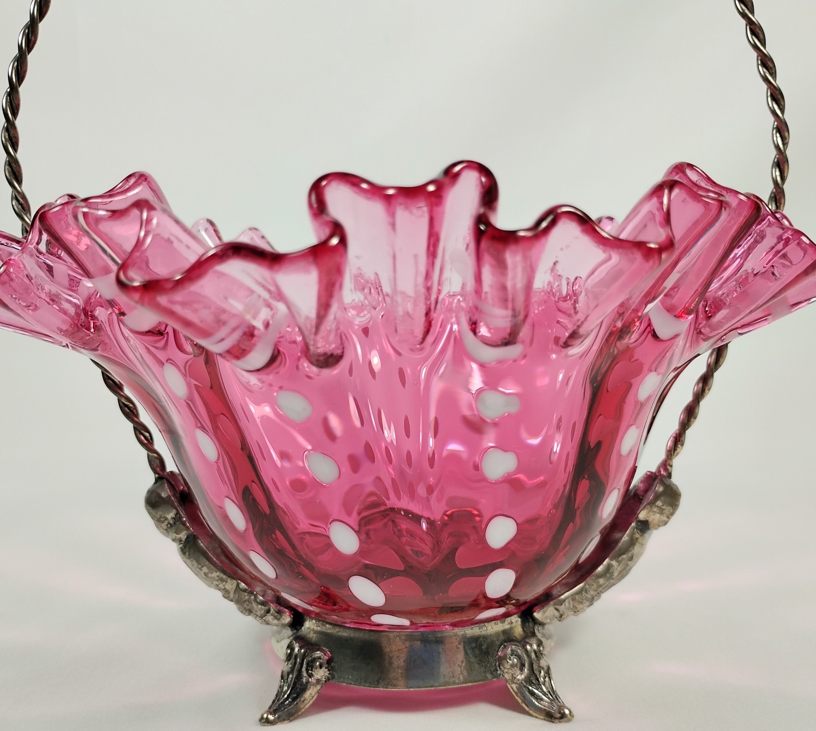 Cranberry Opalescent Polka Dot Blown Glass Basket Silver Plate Holder Ruffled