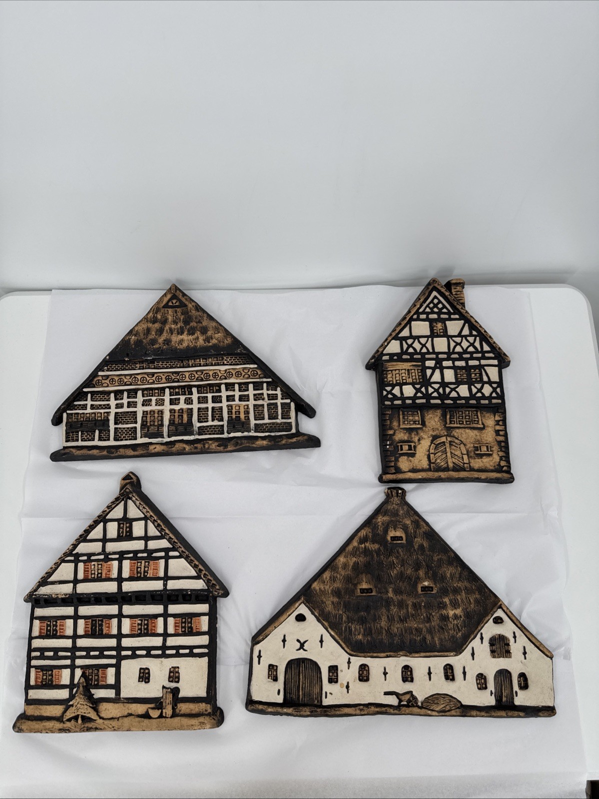 Handmade German Half-Timbered House Wall Decor – Vintage Clay Art 4 Pieces