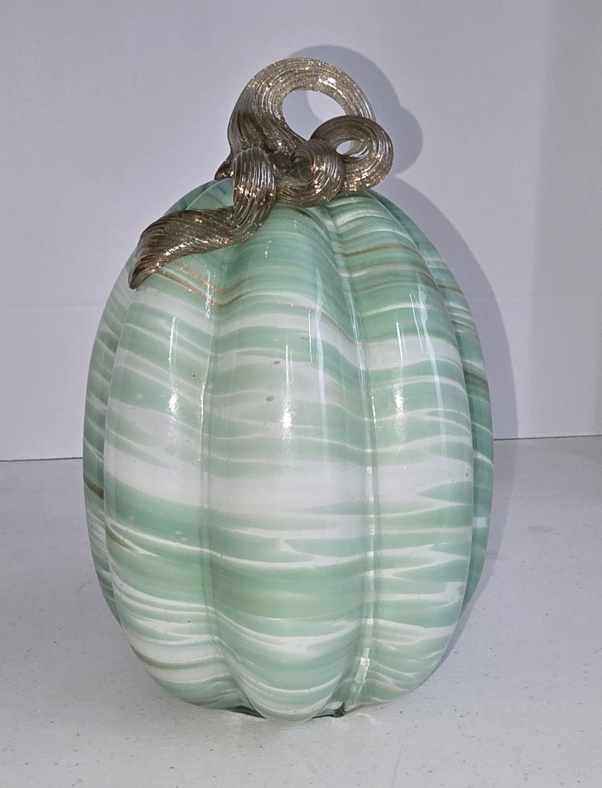 Hand Blown Art Glass Pumpkin Green White Marbled Swirl Gold Glitter Stem 8.5″