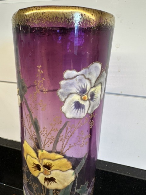ANTIQUE GORGEOUS MONT JOYE LEGRAS FRENCH ART GLASS VASE WITH ENAMELED PANSIES