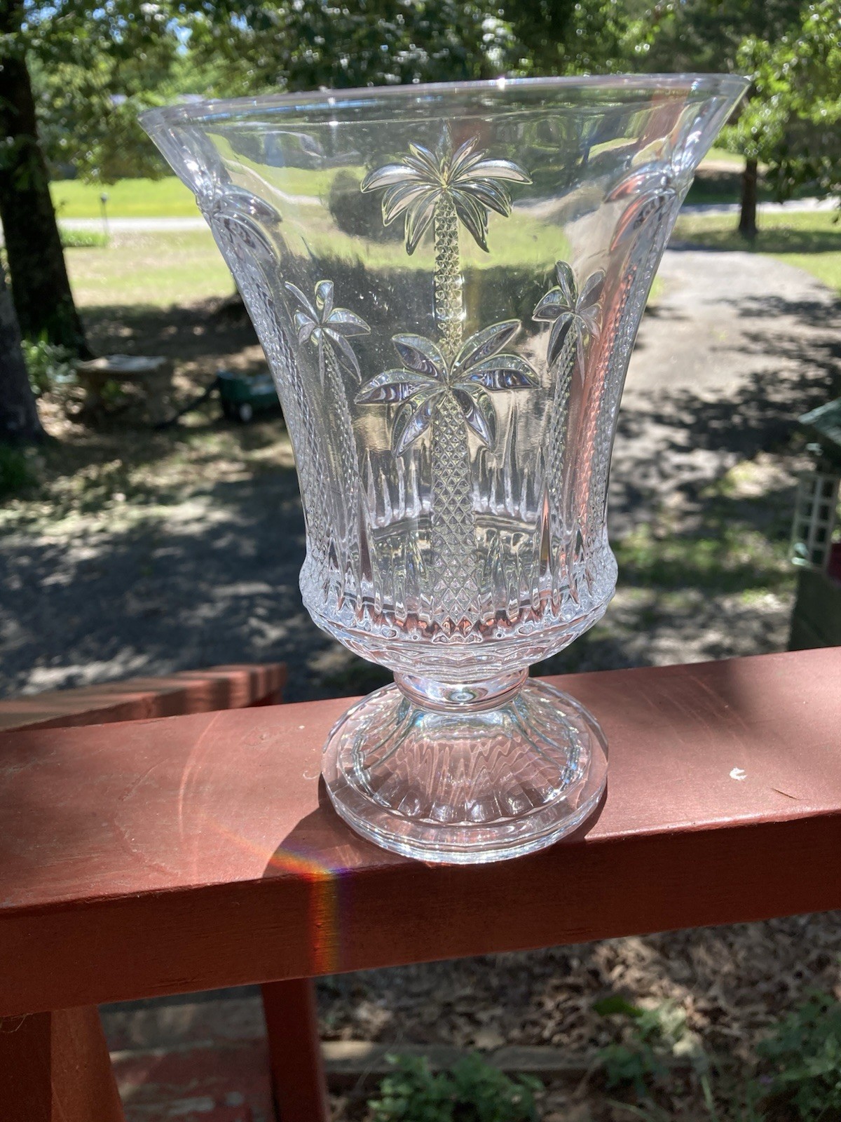 Godinger Palm Tree Elegant Open Hurricane Crystal Glass Vase 7.5 X 5.5”
