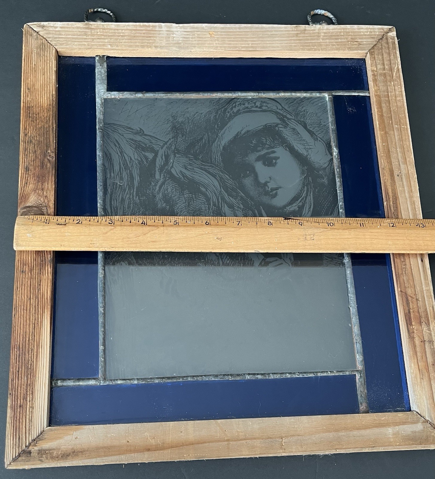 Two Leaded Stained Glass Window Panels W Etchings Of Girl & Boy W/ Horse 13×15
