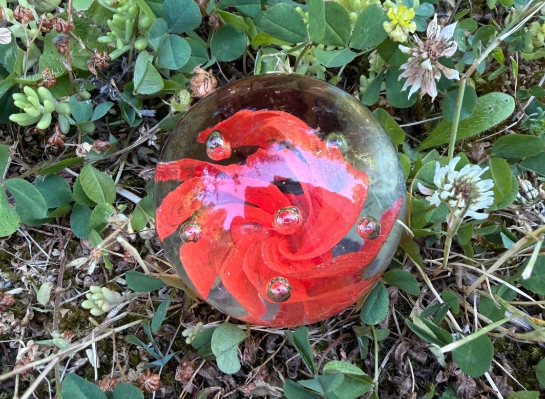 Vintage art glass paperweight Murano Style Orange Flower Encapsulated Sphere