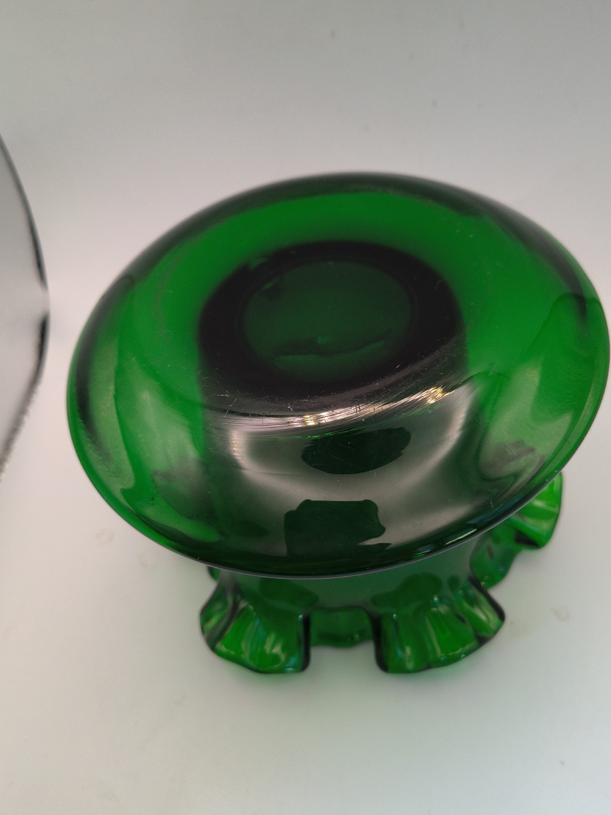 Vintage Fenton Forest Green Glass Ruffled Flower Pot Planter Attached Saucer
