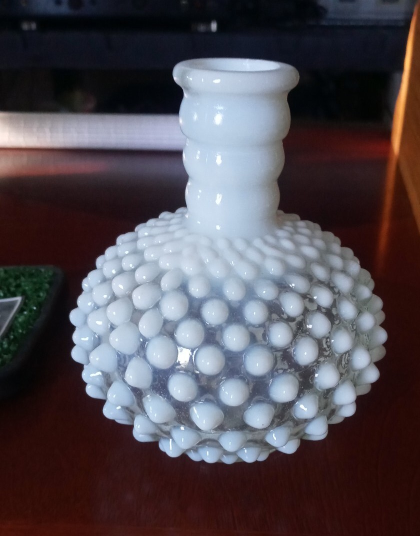 Hobnail Perfume Bottle Vase Opalescent White and Clear Glass Vintage