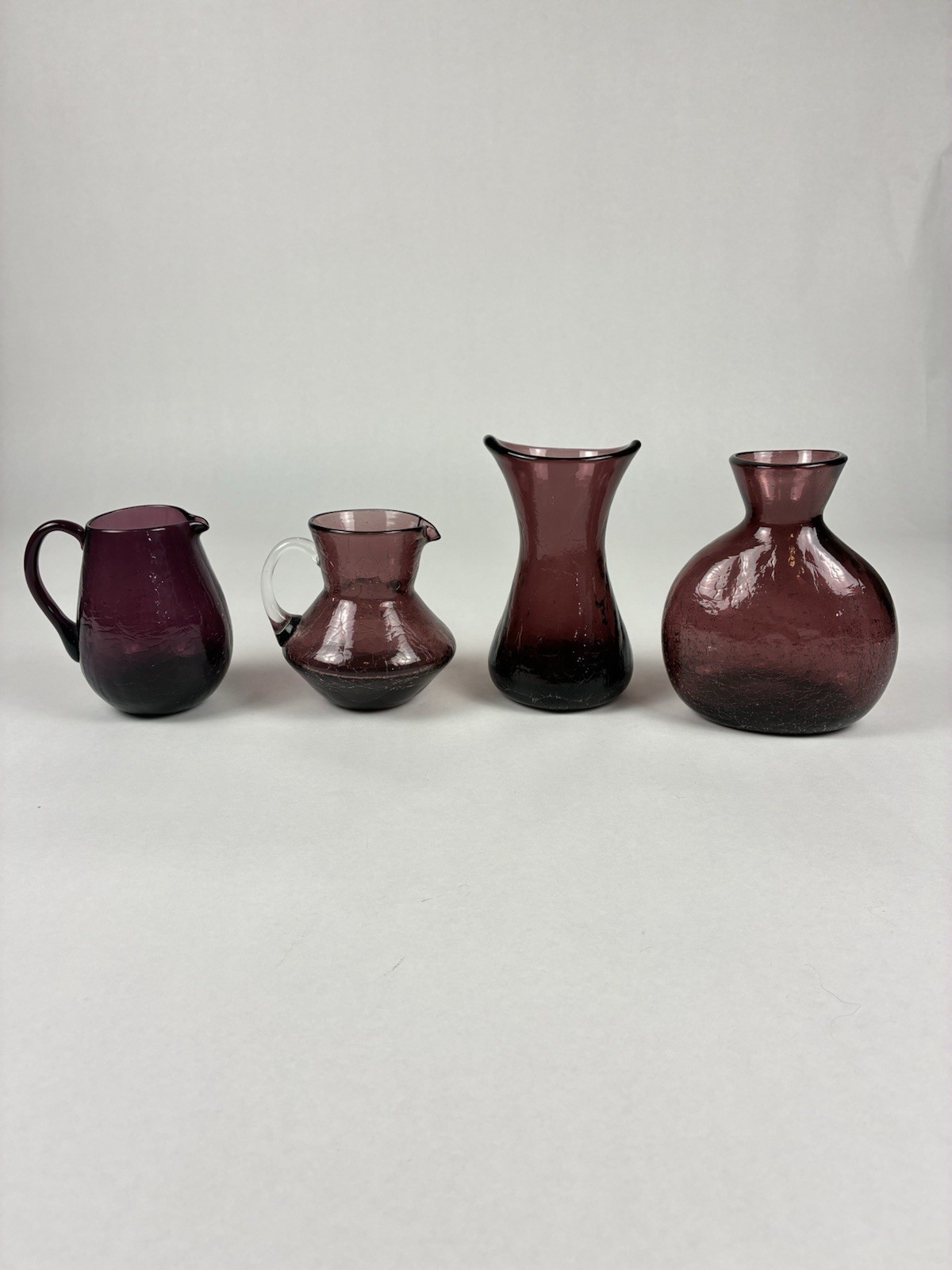 VTG MCM Amethyst Crackle Glass Pitchers & Vases 4″ & 5″ Lot of 4