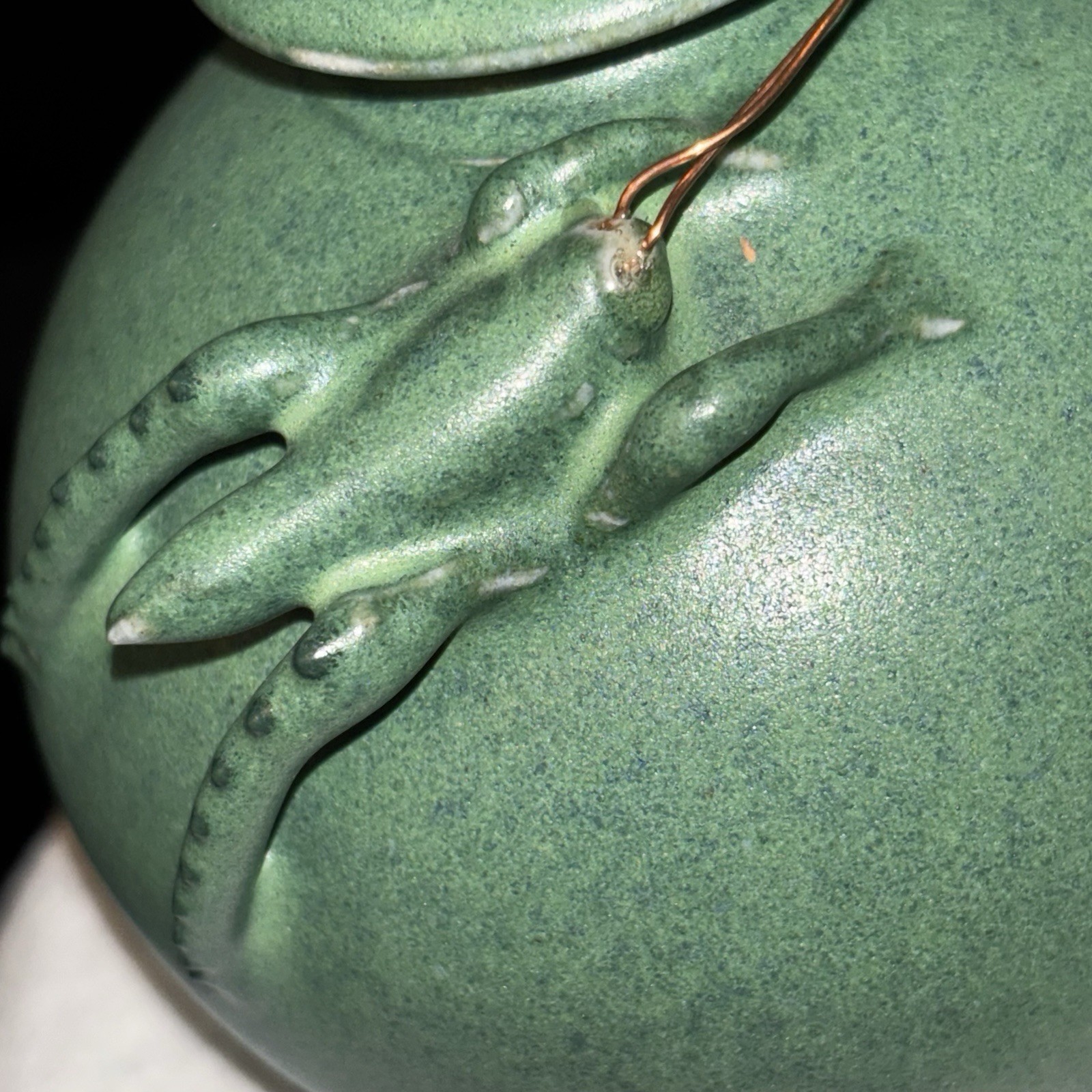 Vtg Unique Rare Pottery Bud Vase Inkwell 3D Cricket Asian Signed Green 3”