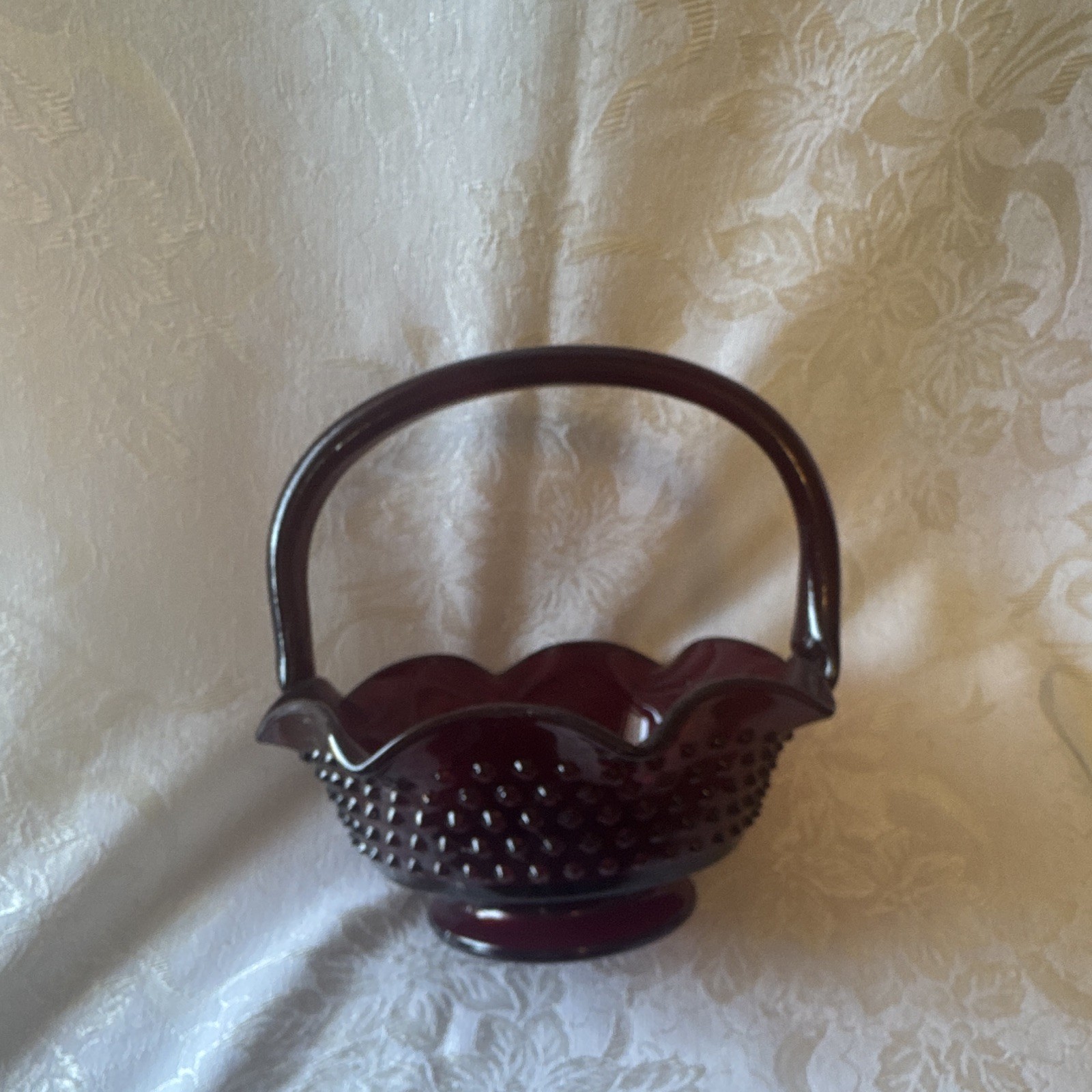 Red Art Glass Hobnail Round Handled Basket Scalloped Rim 7x7x7 in