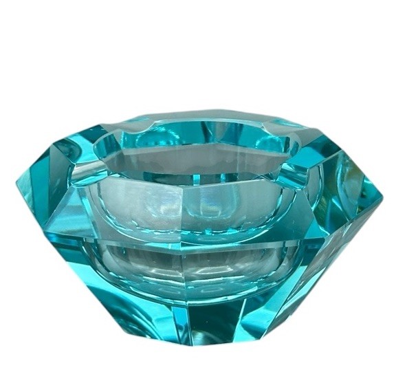 Moser Style Gem Ashtray Glows AS IS Blue Turquoise Glass Geometric Multifaceted