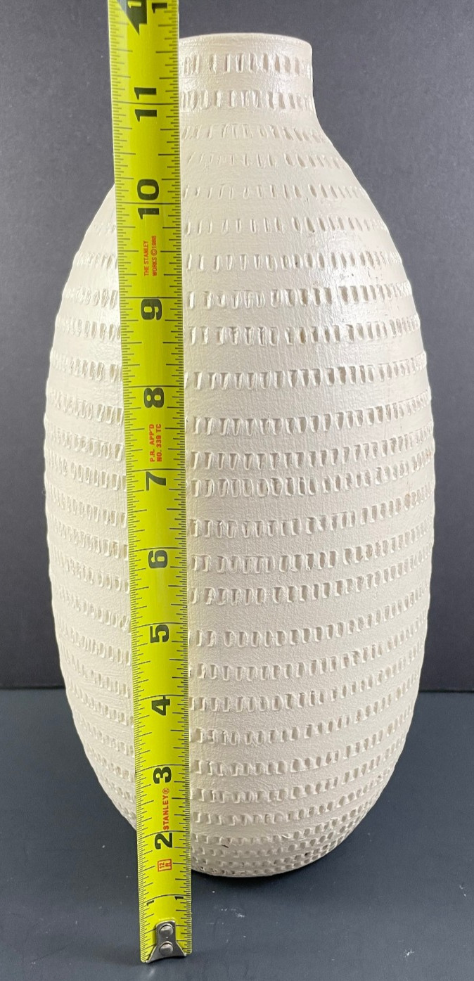 Textured Pottery Vase 12″ Beige Natural Stripe Heavy Farmhouse