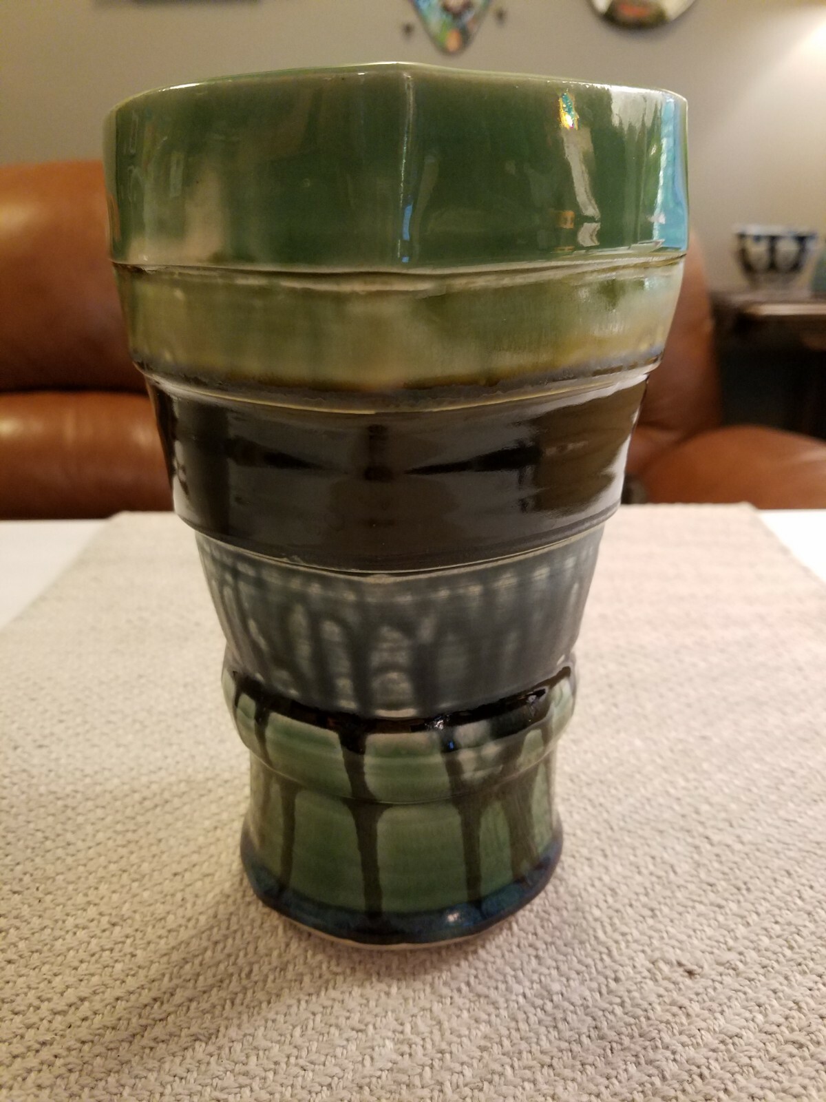Studio Handmade Pottery 8″ Vase Greens & Blues 3 1/2″ Diameter Bottom Signed