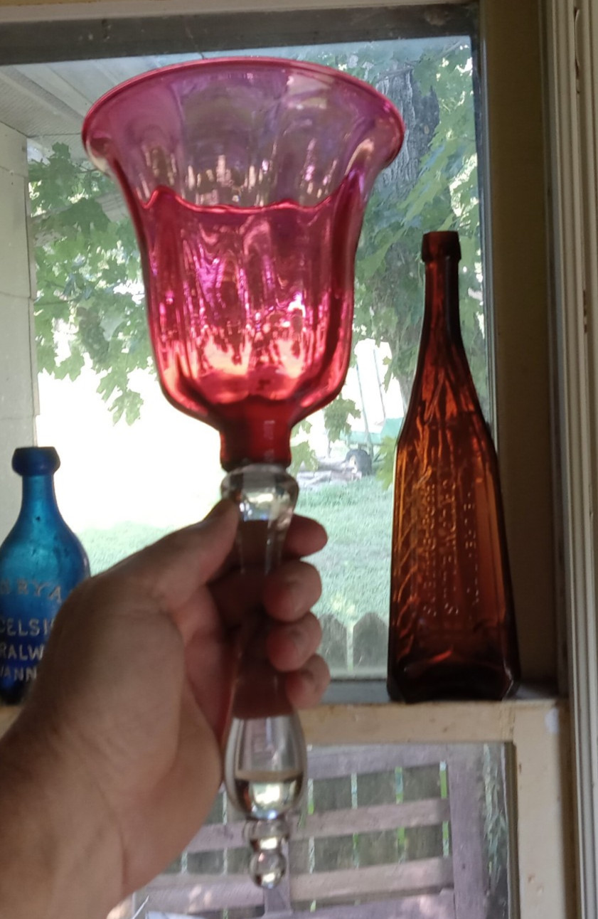 1880s CRANBERRY GLASS HAND BLOWN WEDDING BELL 12 1/2″TALL CLEAR GLASS HANDLE