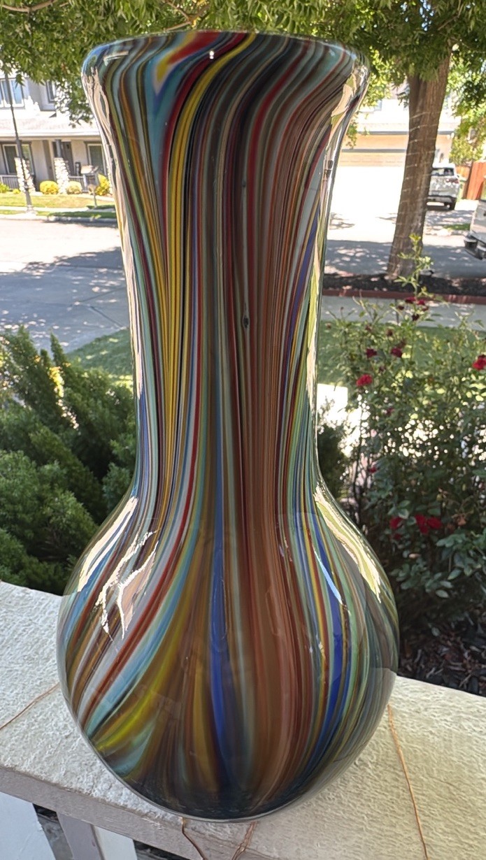 Multi-Colored Swirl Glass Vase Colorful Striped Filegrana Technique 13.5” Tall