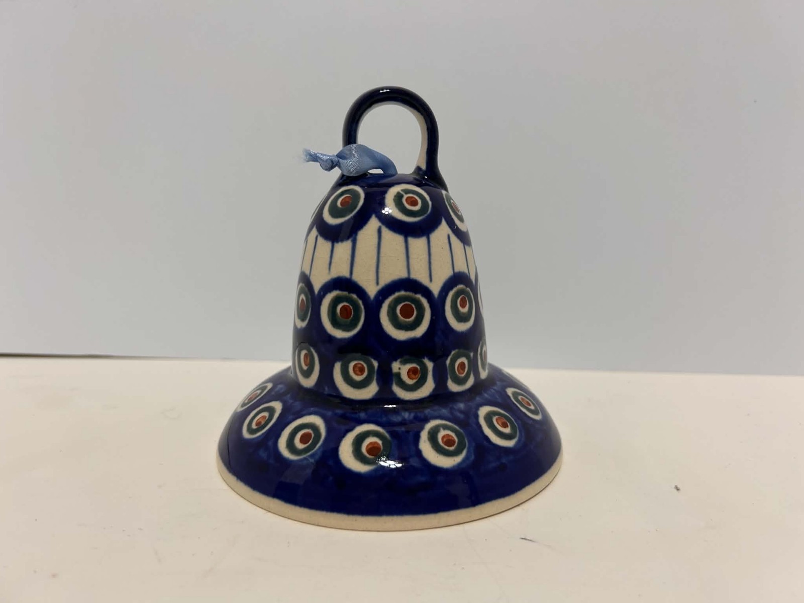 Polish Pottery Bell Blue Peacock Leaf Pattern HTF Rare