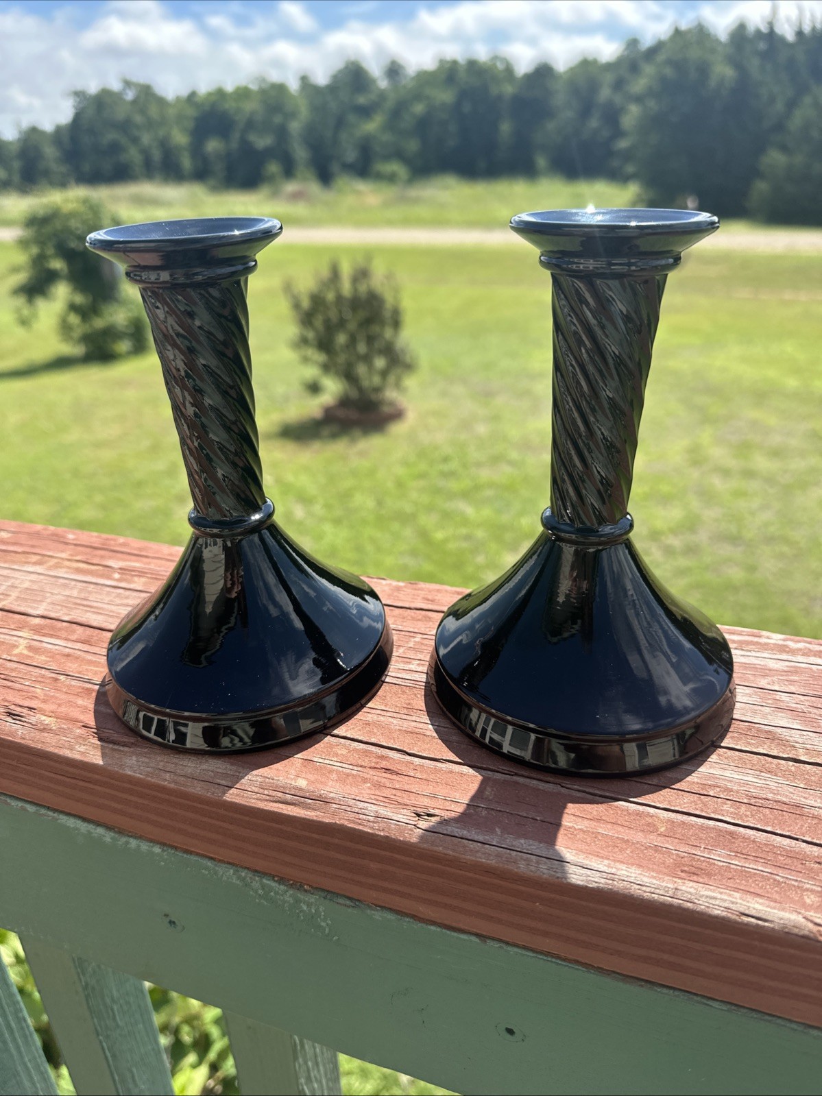 Vintage Black Twisted Stem Glass Candlestick Holders Set Of 2