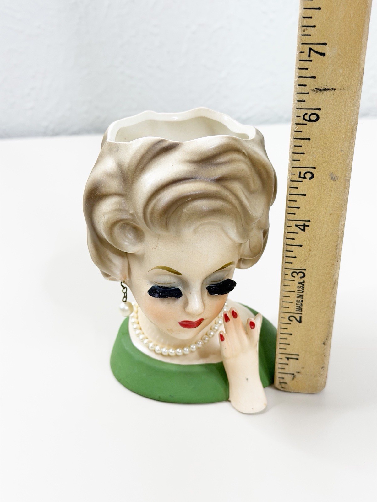 VTG Ardco 6″ Lady Head Vase Planter Green Dress Pearl Earrings Ceramic Japan GUC
