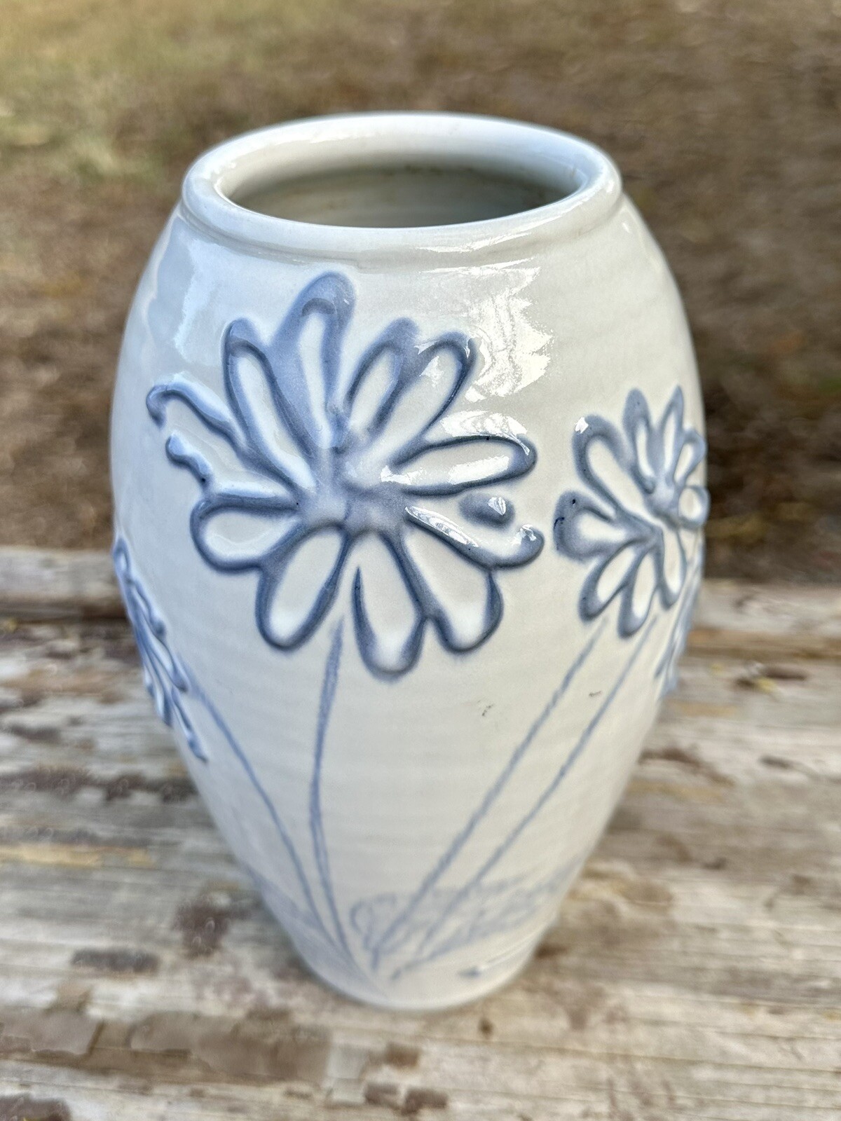 Studio Art Pottery Vase Raised Blue Flowers Cream Glaze Abstract Signed 8.75 in