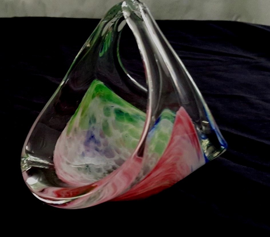 Dainty Murano Italian Rainbow Basket in Blue, Greens, Pinks and White Swirls