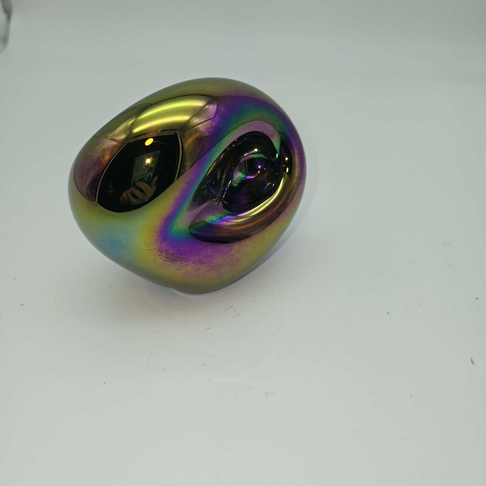 EICKHOLT 1998 AURENE BLUE IRIDESCENT RAINBOW GLASS PAPERWEIGHT 3.5″ x 4″