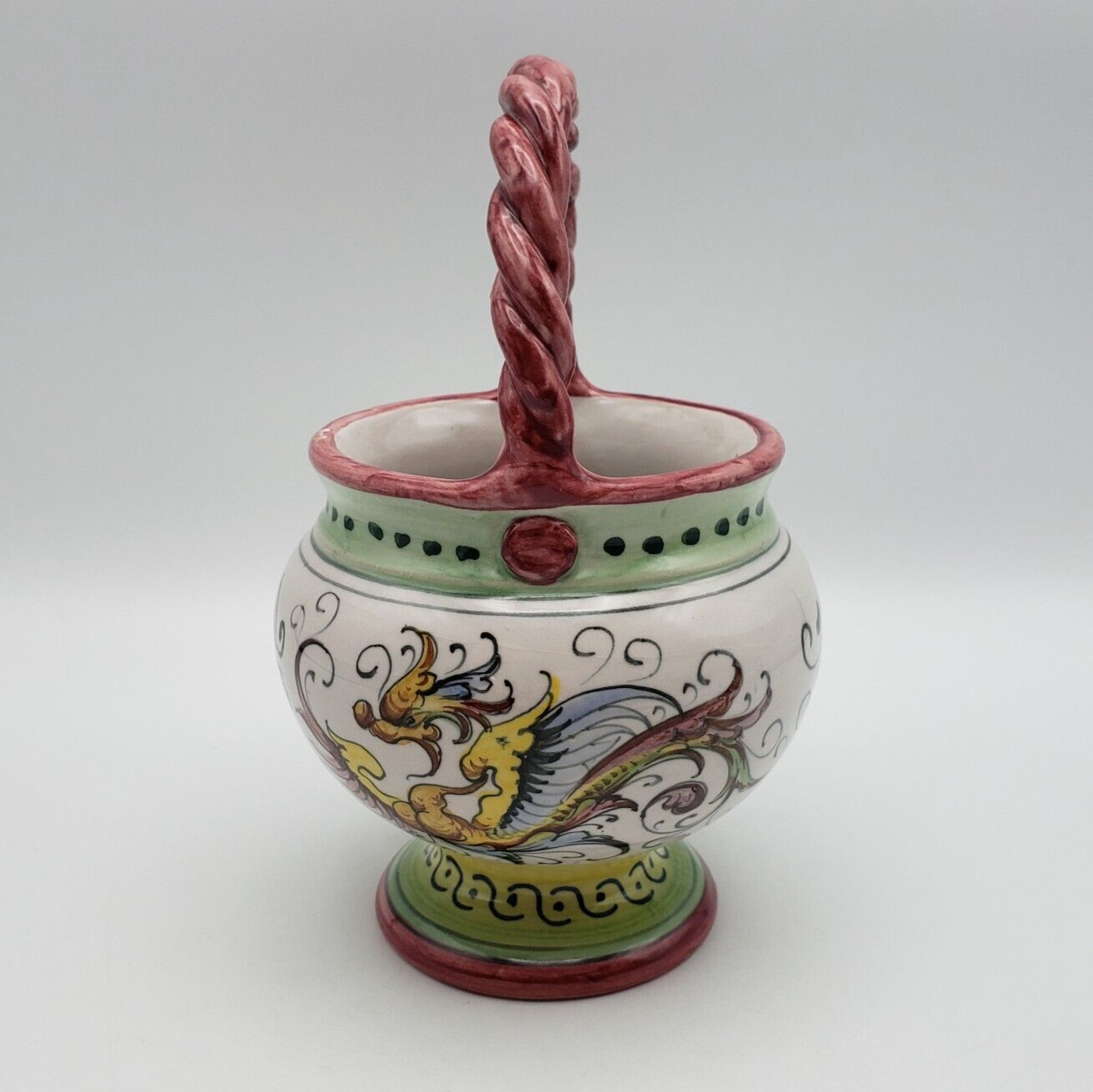 Vintage Italian Ceramic Decorative Basket w Twisted Handle Painted Winged Figure