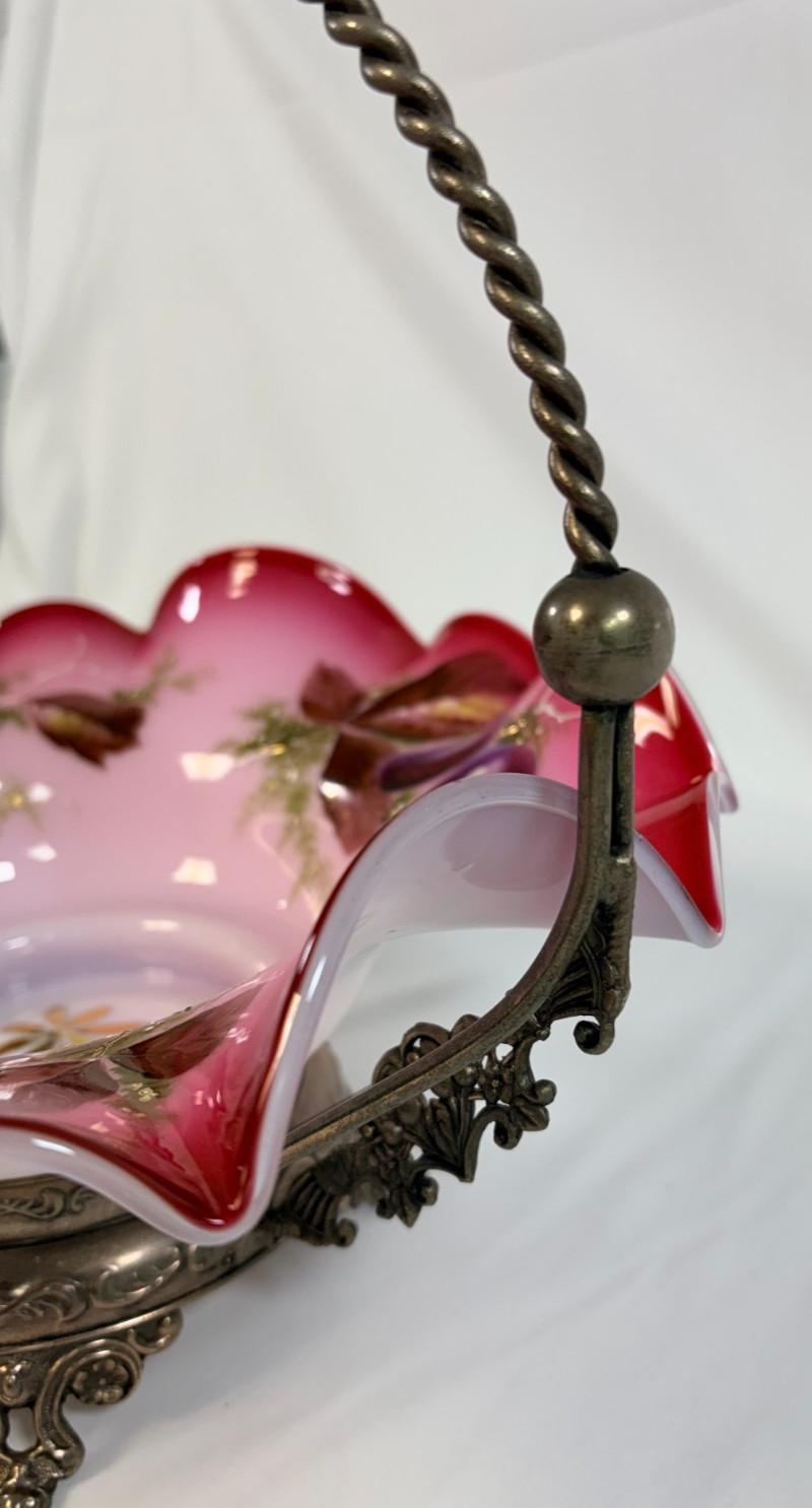 Antique Brides Basket Victorian Rose Pink Painted Glass W/ Silver Plated Stand