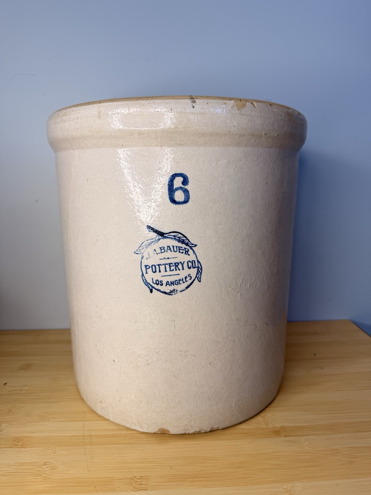 Rare Vintage JA Bauer Pottery Co. #6 Gallon Crock Good Condition