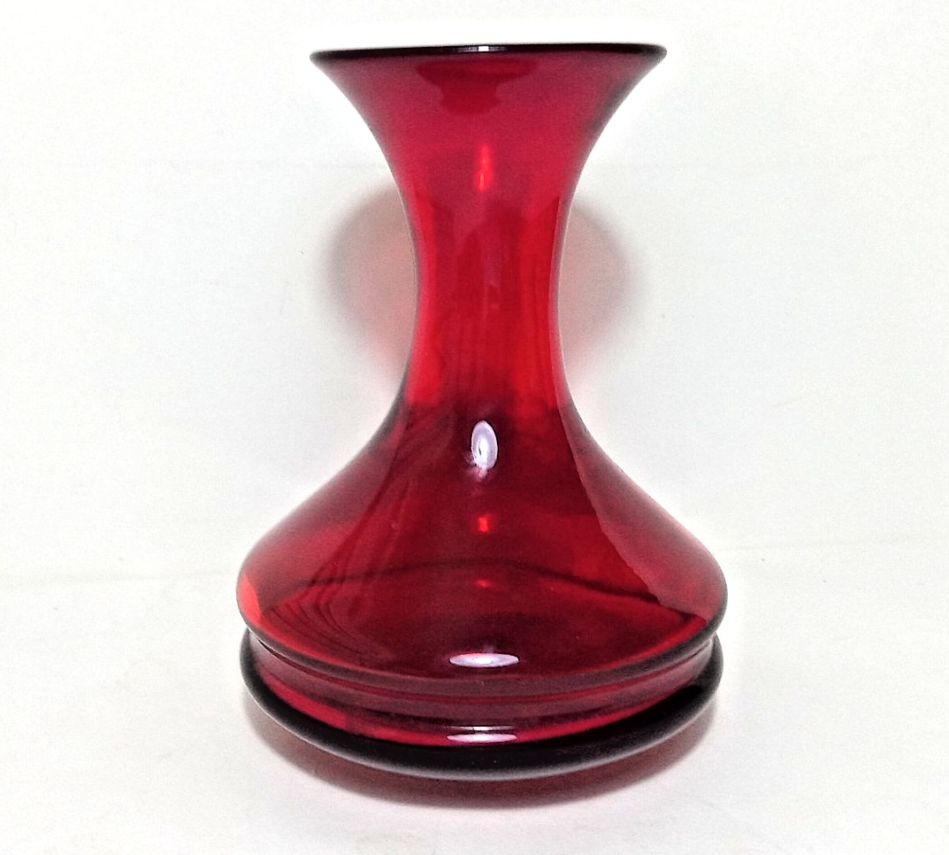 VTG Ruby Red Art Glass Hand Blown MCM Vase 5 3/8″ Flared Rim Bulbous Base Heavy