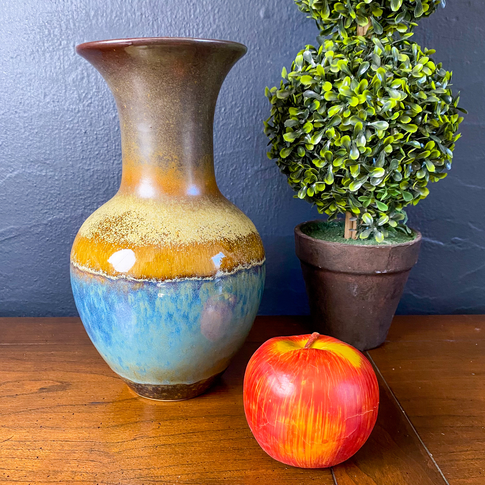 Vtg Art Pottery Studio Clay Stoneware Thrown Vase Muted Blue & Brown Glaze 10″