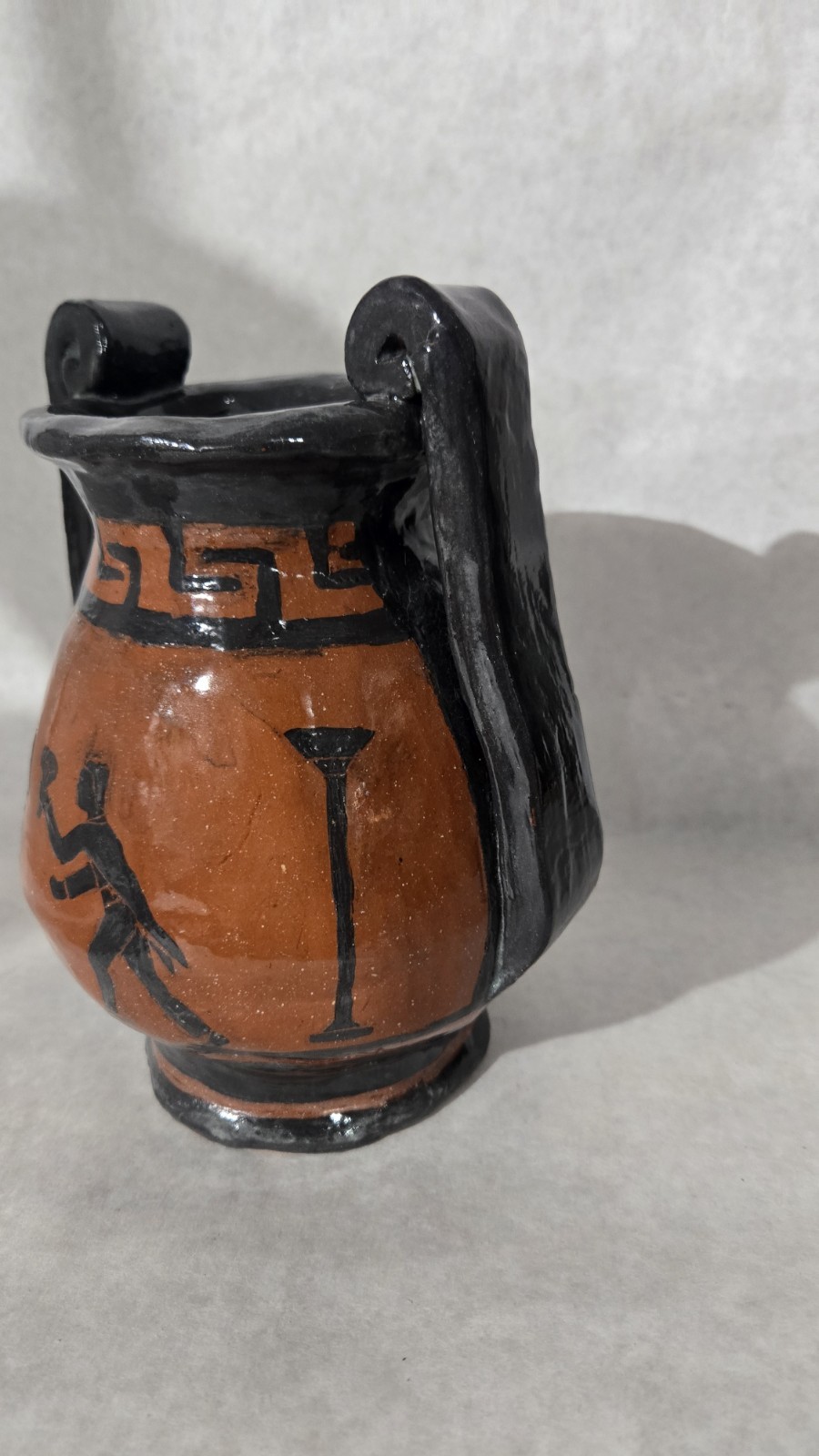 Vintage Vase Red Clay Pottery Greek Mythology? Double Handle Jug 7.5″ Signed AK
