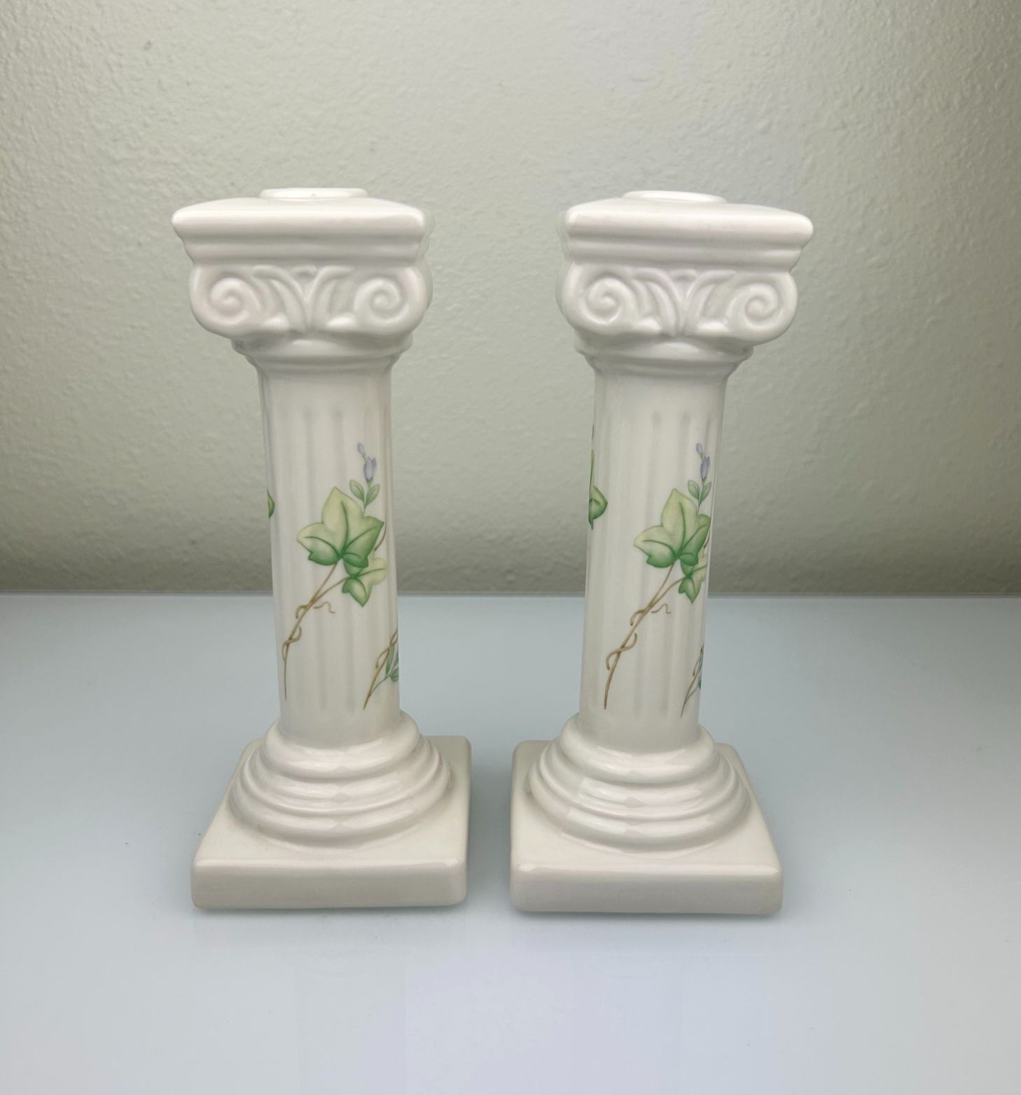 Belleek Classic Ivy Column Taper Candlesticks Ireland Ceramic Green Mark Home