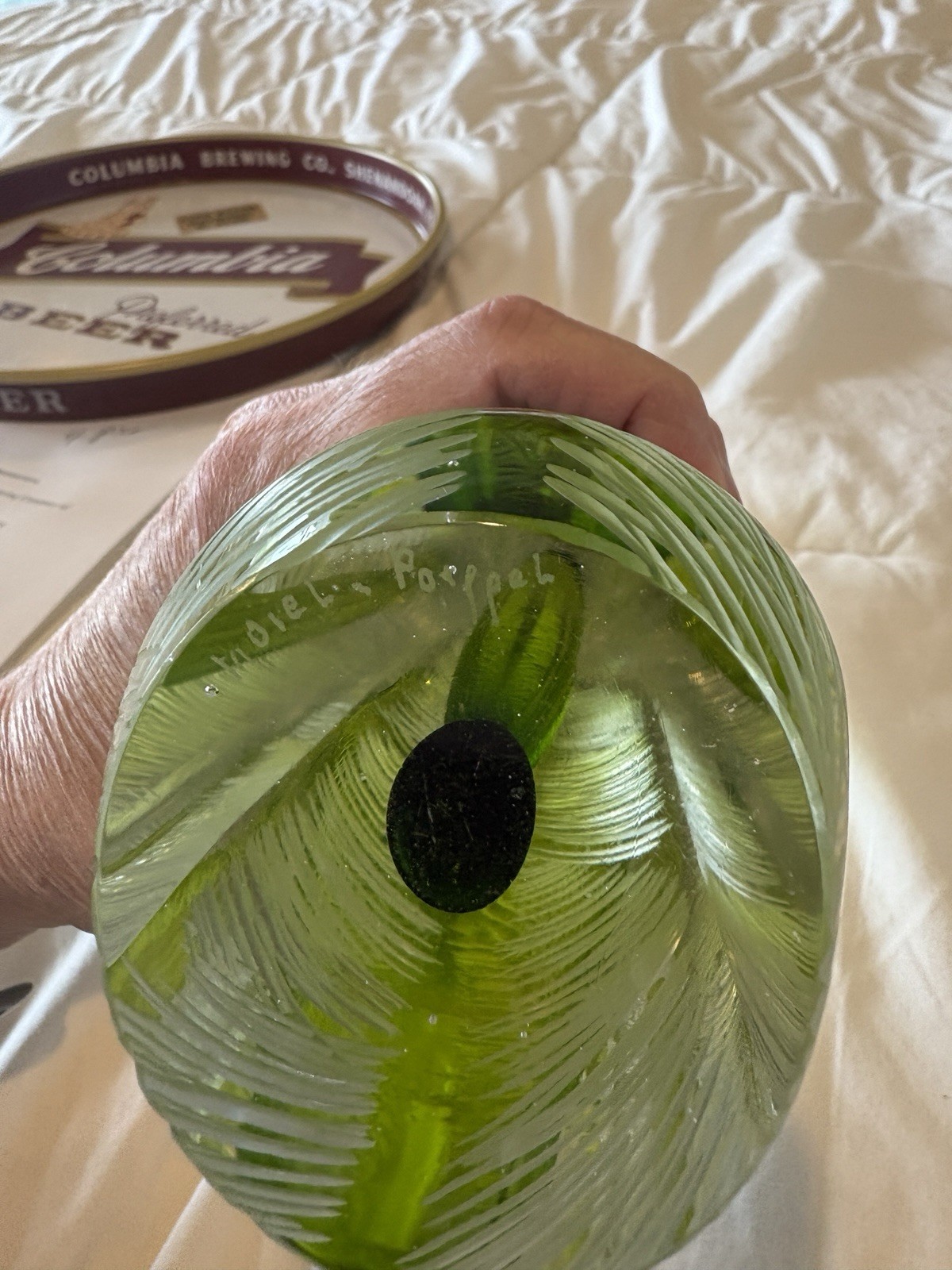 Vintage 2006 Studio Art Glass Green Carving Signed Richard Moiel Kathy Poeppel