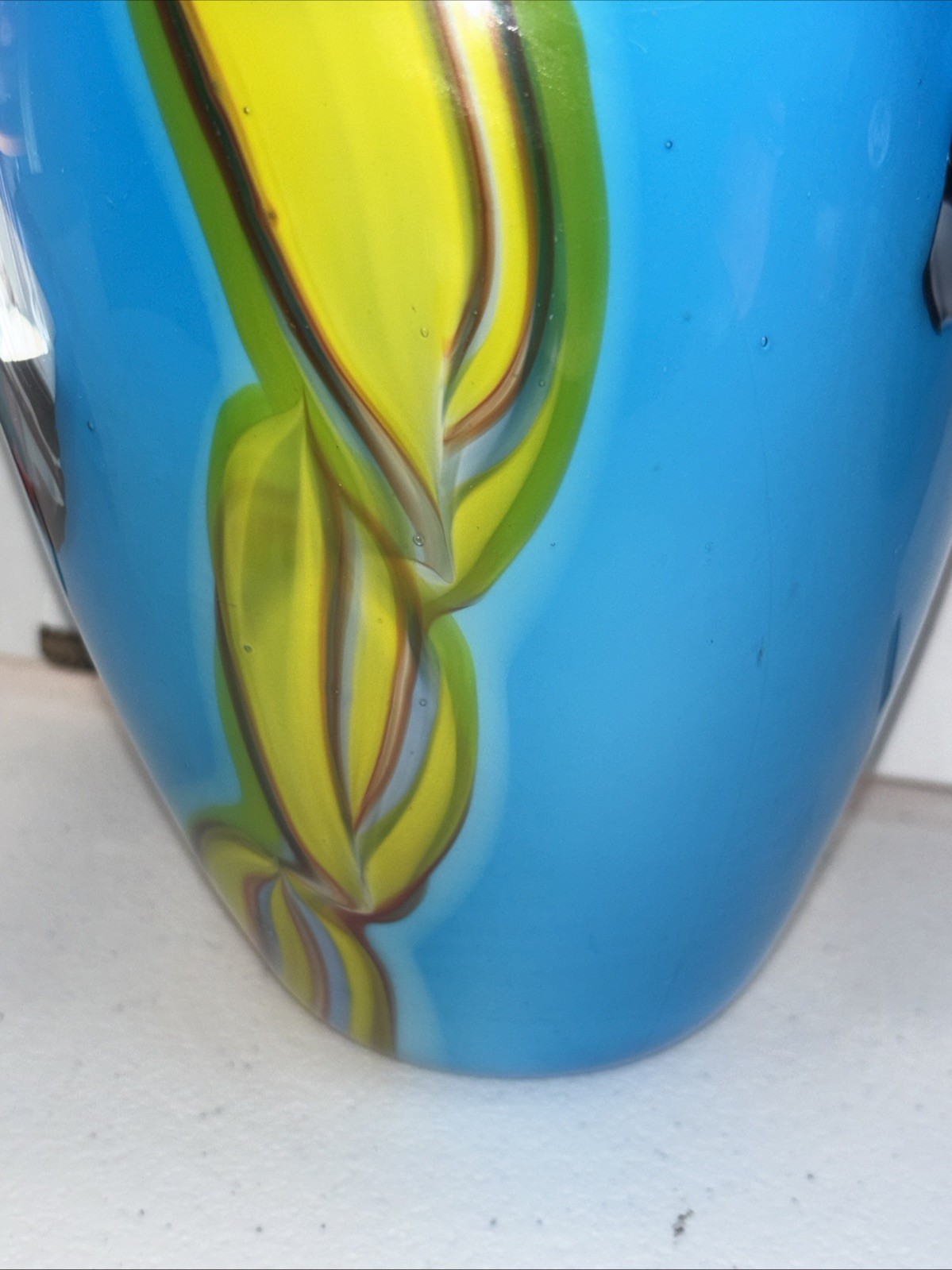 Lovely Murano Style Hand Blown Art Glass Oval Vase Blue Green Abstract 10 3/4”