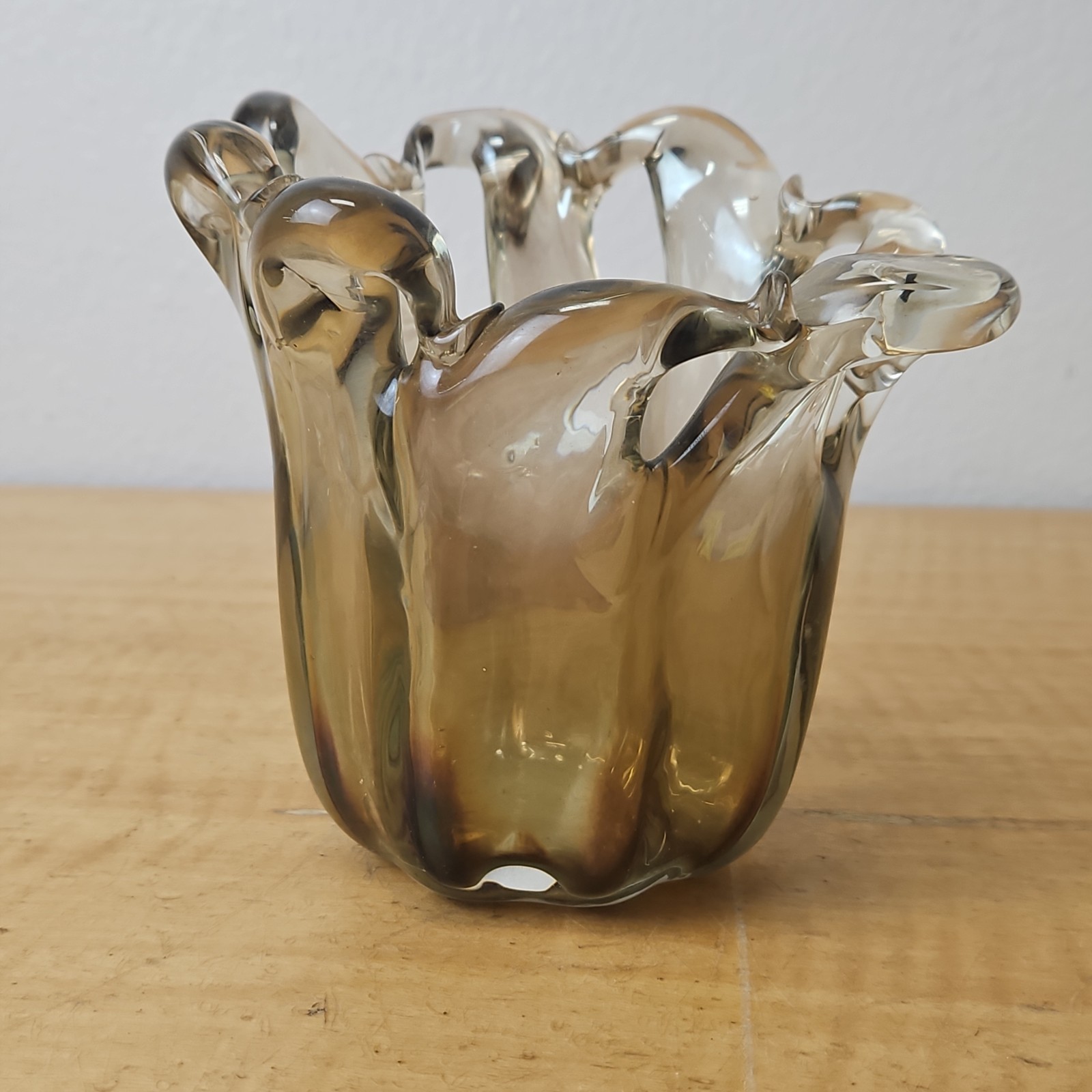 Murano Glass Vase free form with cutouts smokey brown 5 inch handmade in ITALY