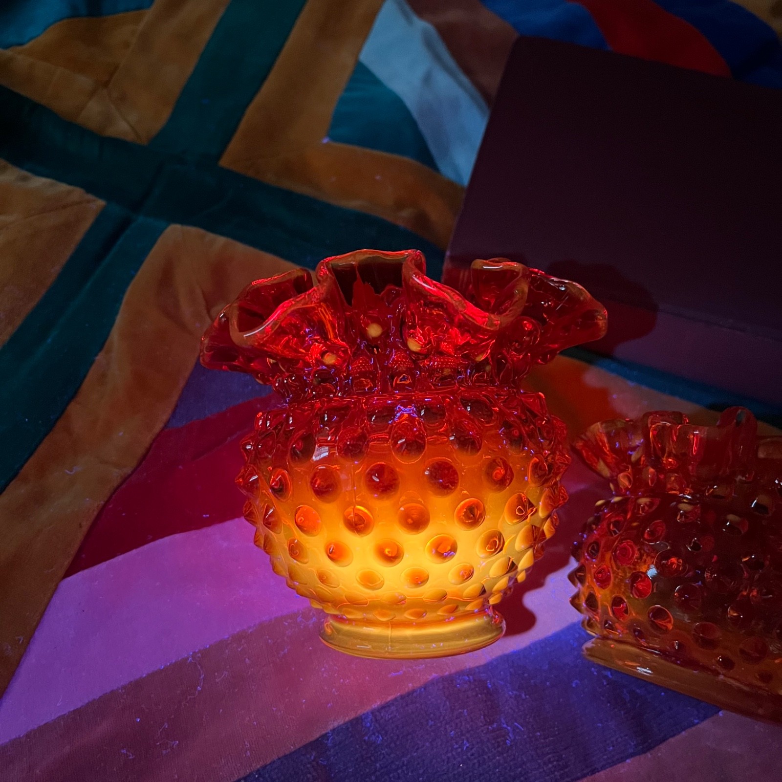Lot of 2 Vintage Fenton Amberina Hobnail Glass Bowl Vase Ruffled Cadmium UV Glow